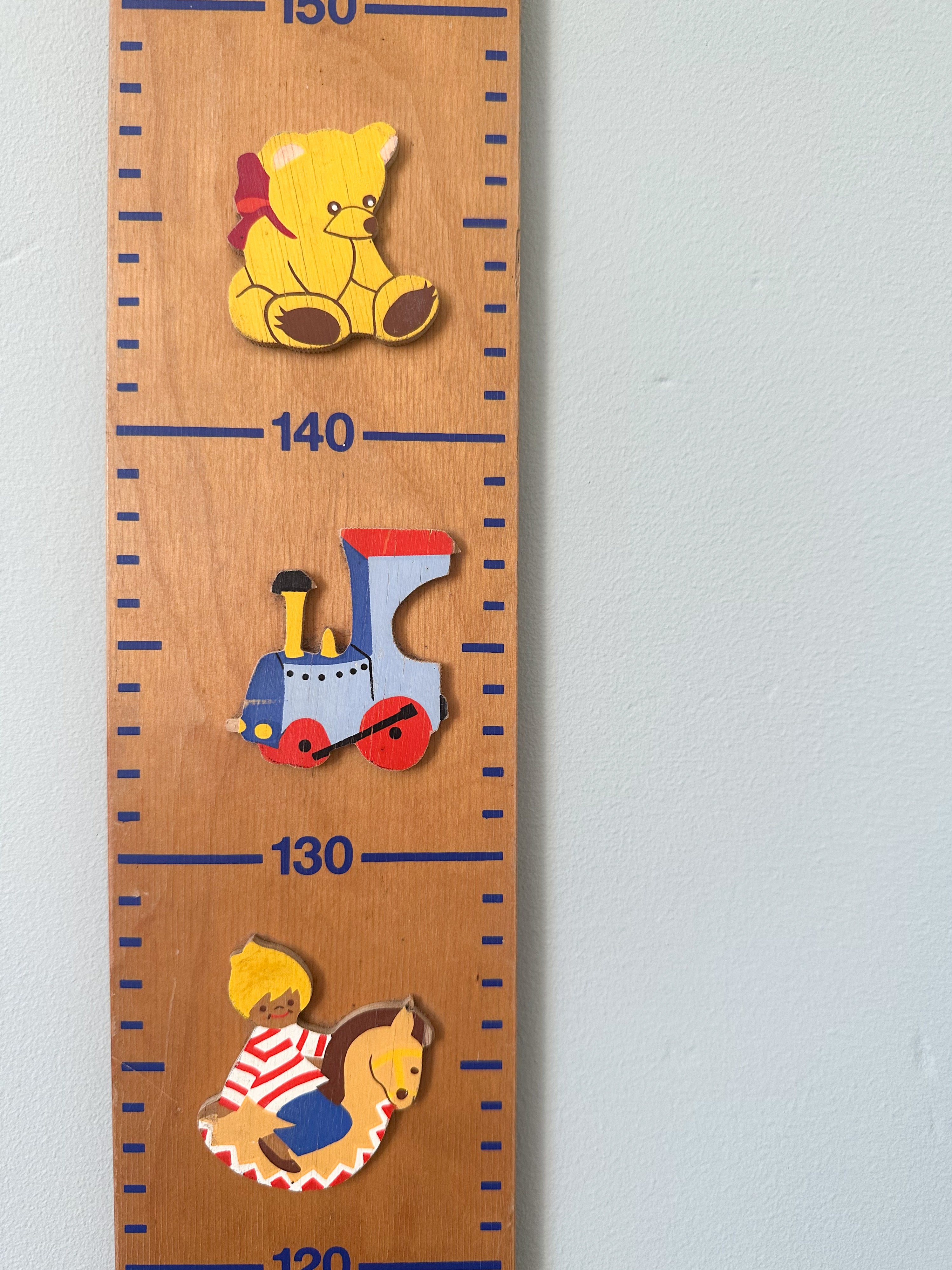 Vintage 1980s wooden German measuring stick or height chart,featuring a train, teddy bear and penguin, by Mertens Kunst - Moppet