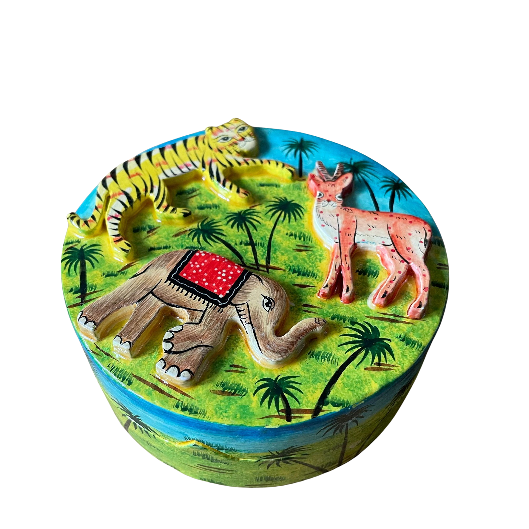 Kashmiri hand-painted folk art embossed papier maché lacquered trinket box with jungle animals design - Moppet