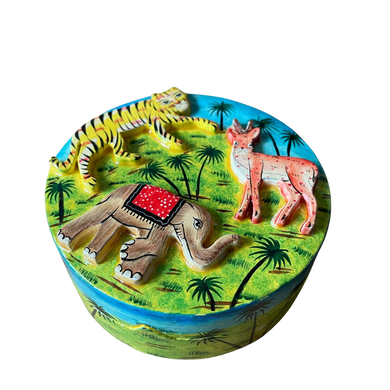 Kashmiri hand-painted folk art embossed papier maché lacquered trinket box with jungle animals design - Moppet