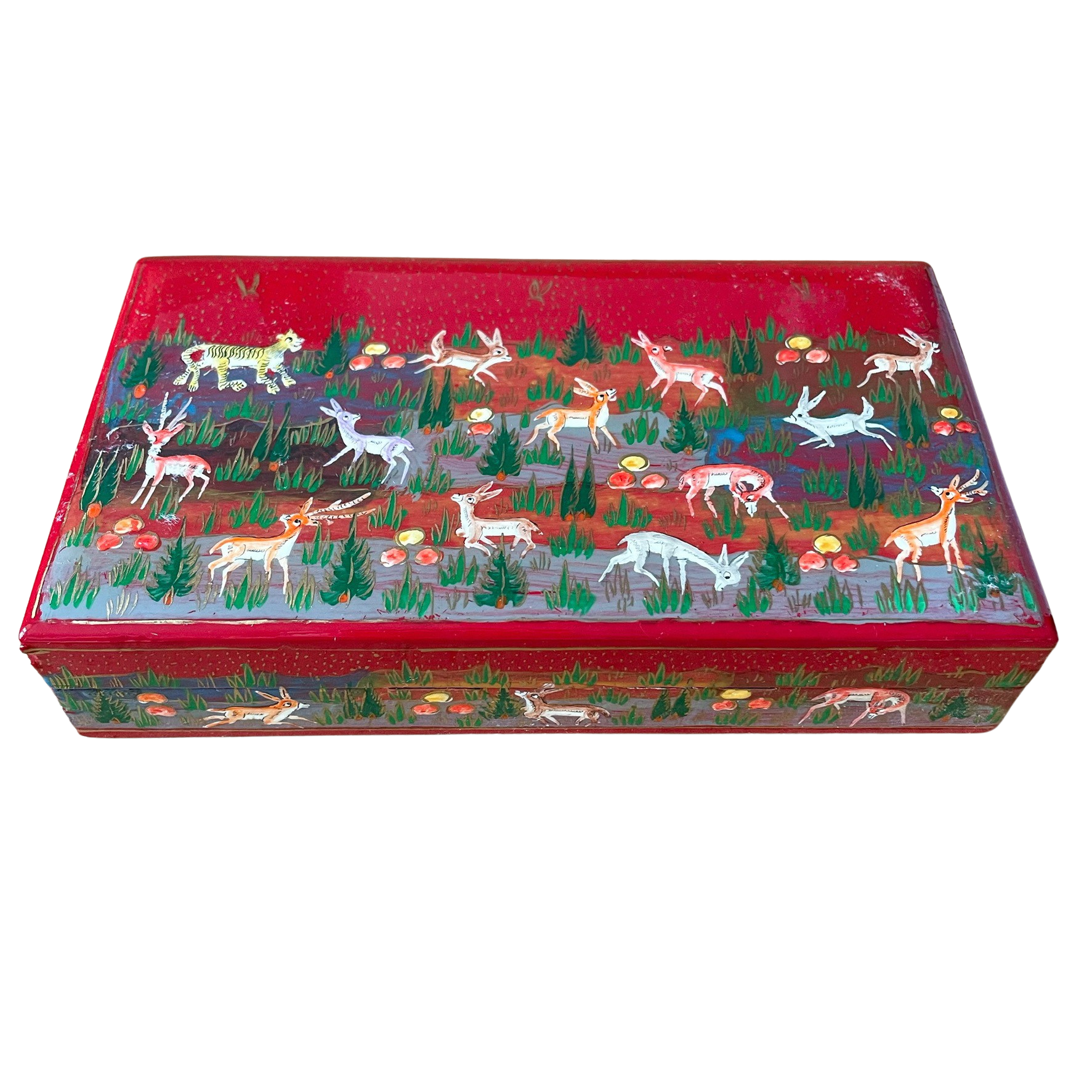 Kashmiri hand-painted folk art papier maché lacquered trinket box with jungle animals design | red - Moppet