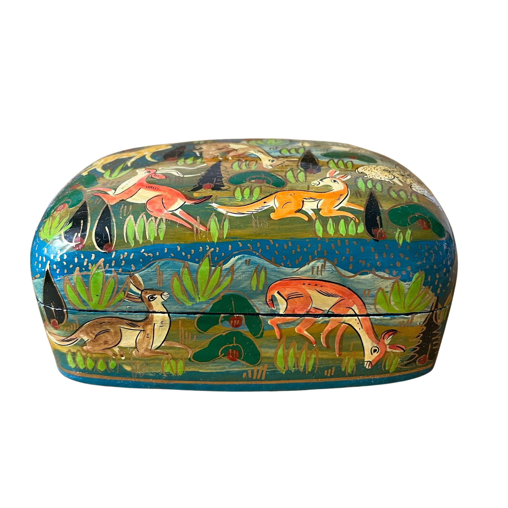 Kashmiri hand-painted folk art papier maché lacquered trinket box with jungle animals design | large animals - Moppet