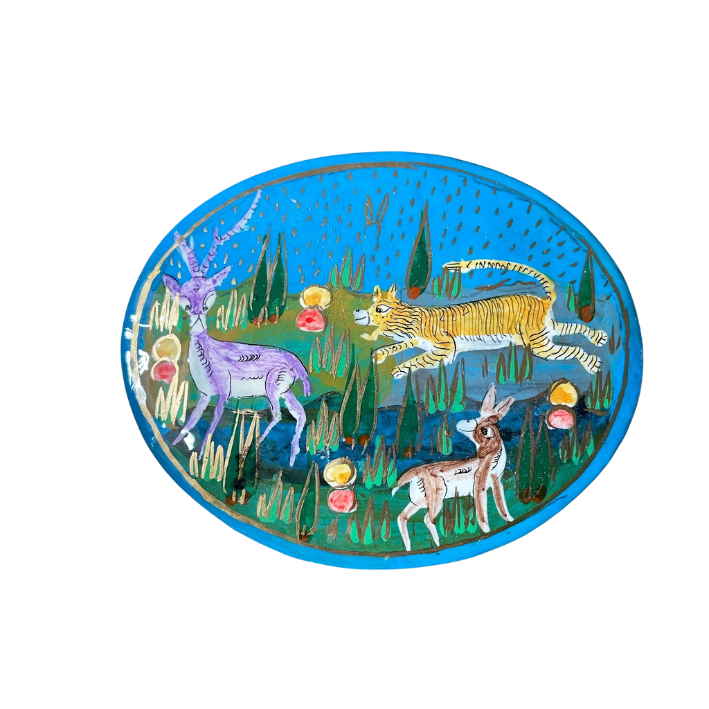 Kashmiri hand-painted folk art papier maché lacquered trinket box or pin box with jungle animals design - Moppet