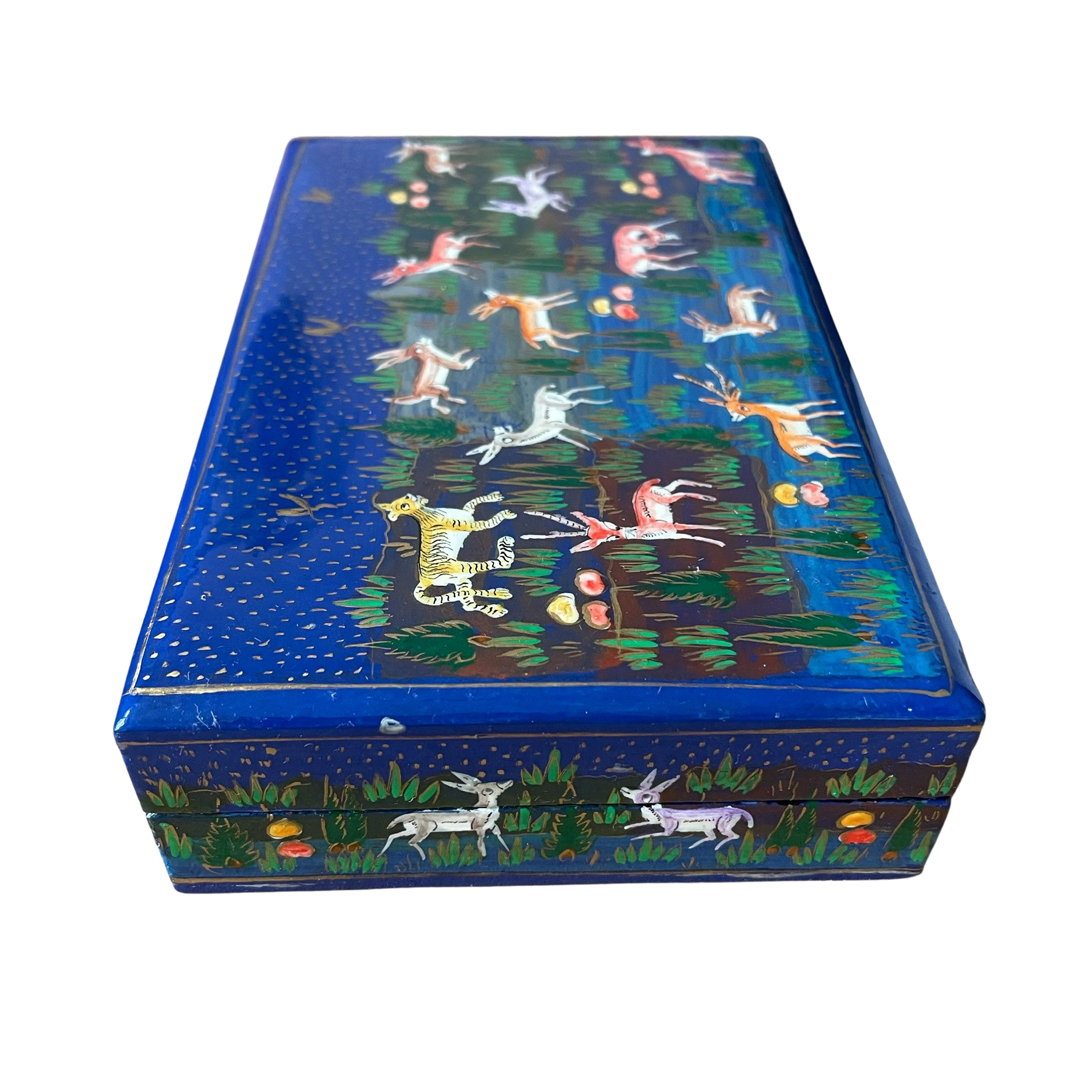 Kashmiri hand-painted folk art papier maché lacquered trinket box with jungle animals design | blue - Moppet