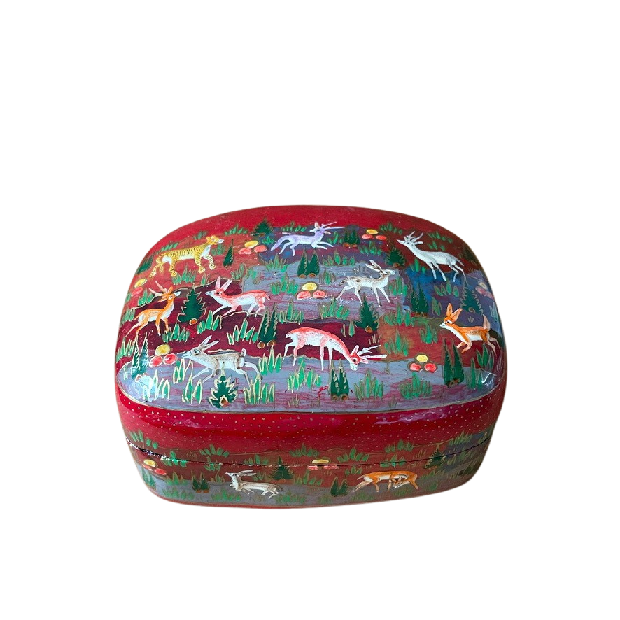 Kashmiri hand-painted folk art papier maché lacquered trinket box with jungle animals design | red - Moppet