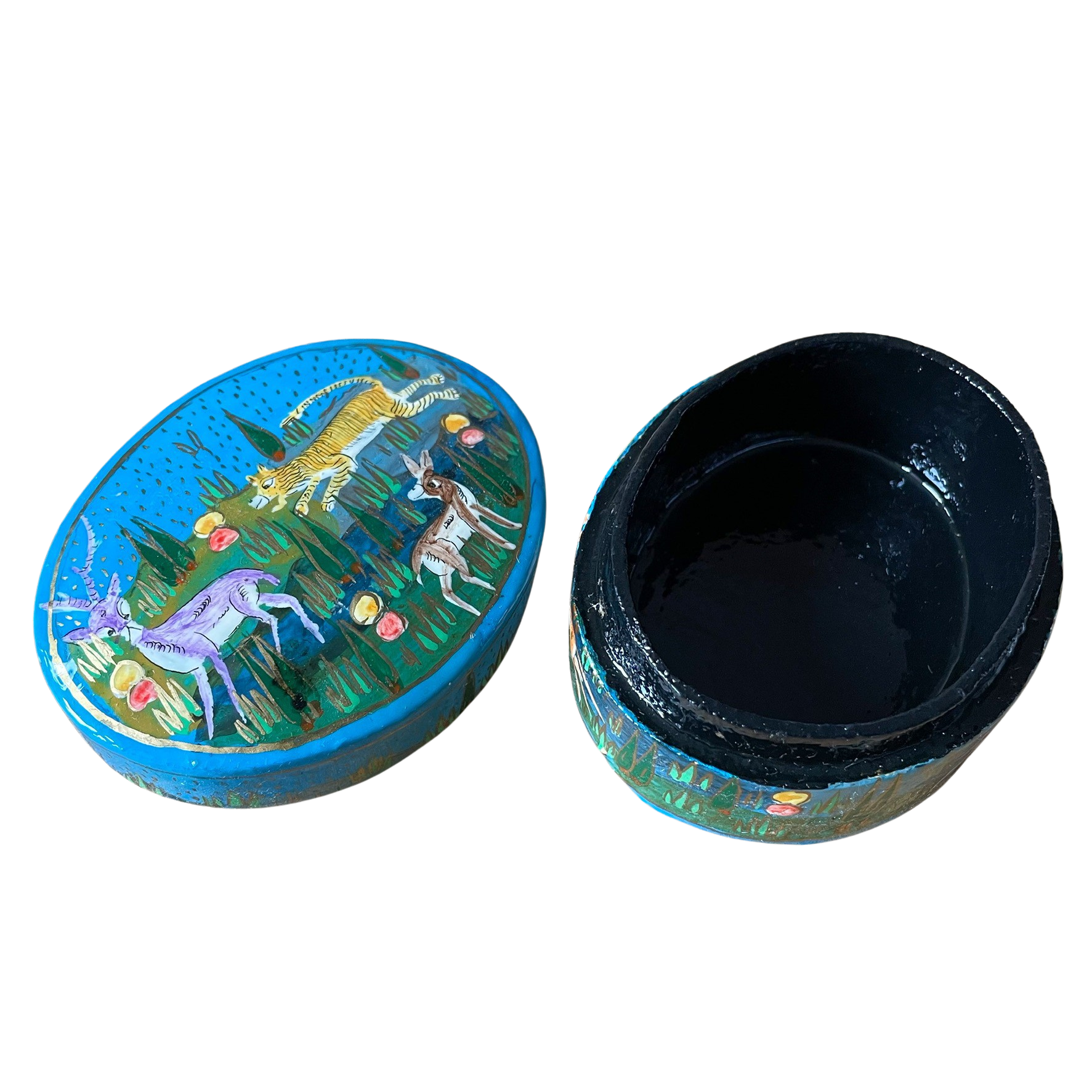 Kashmiri hand-painted folk art papier maché lacquered trinket box or pin box with jungle animals design - Moppet