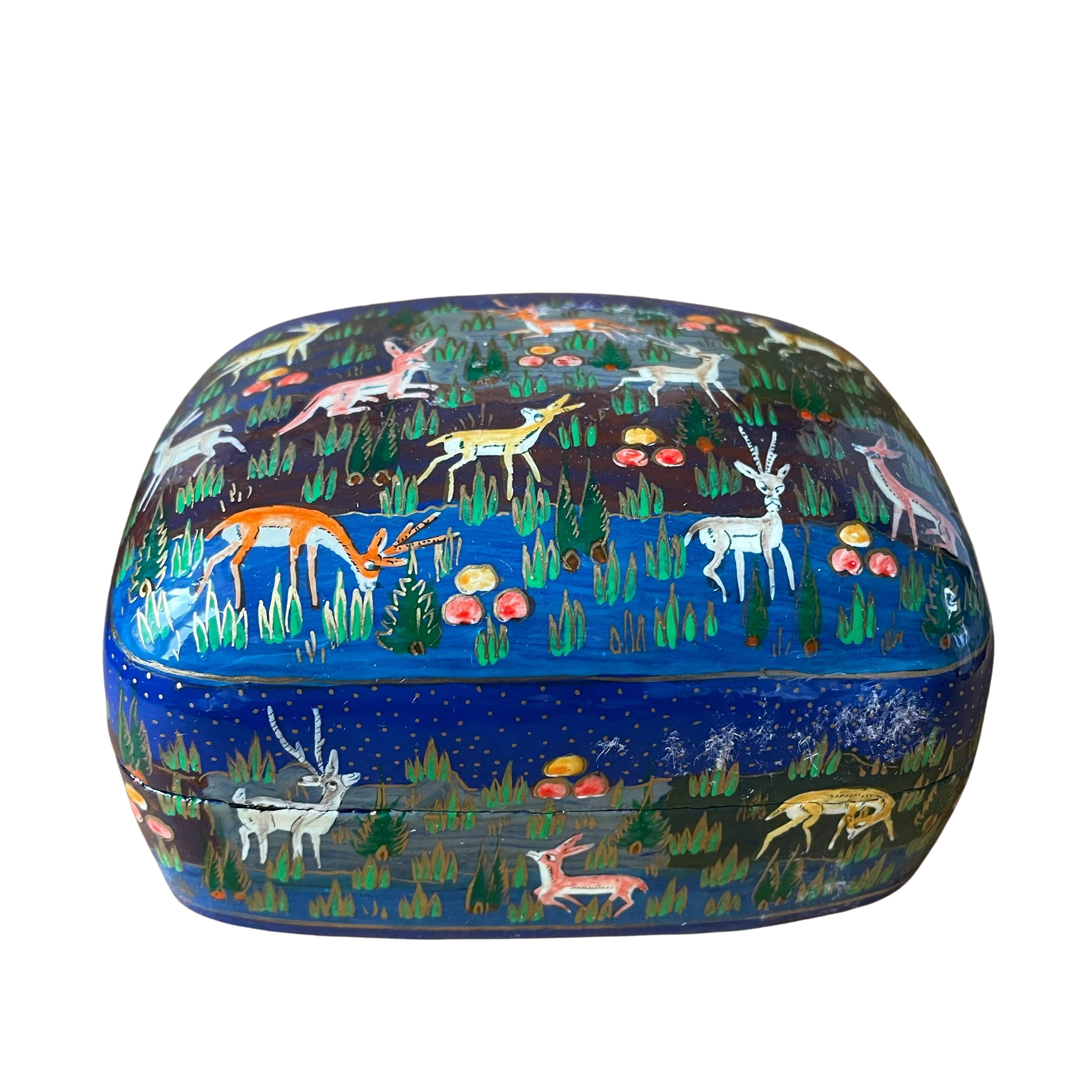Kashmiri hand-painted folk art papier maché lacquered trinket box with jungle animals design | blue - Moppet