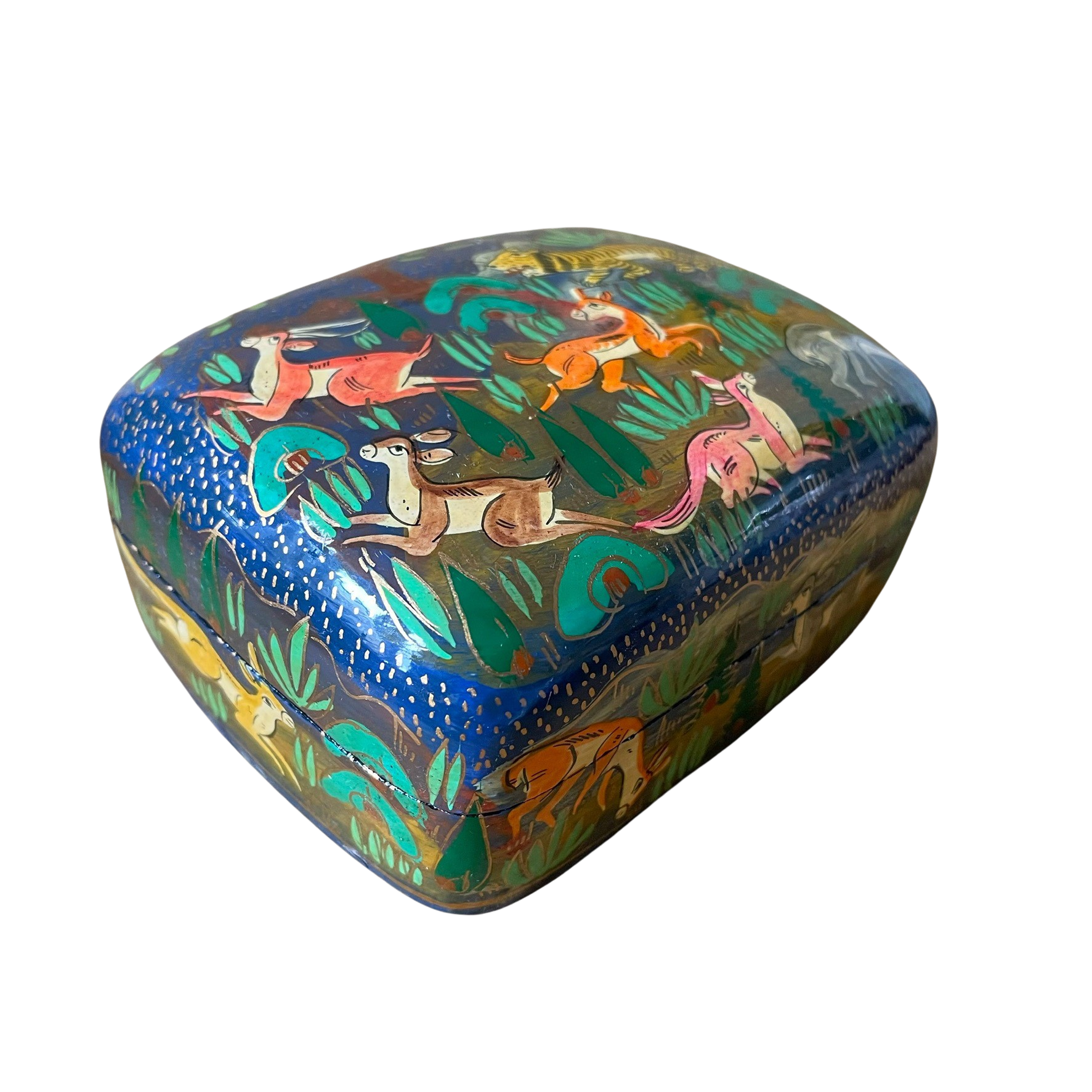 Kashmiri hand-painted folk art papier maché lacquered trinket box with jungle animals design | large animals - Moppet