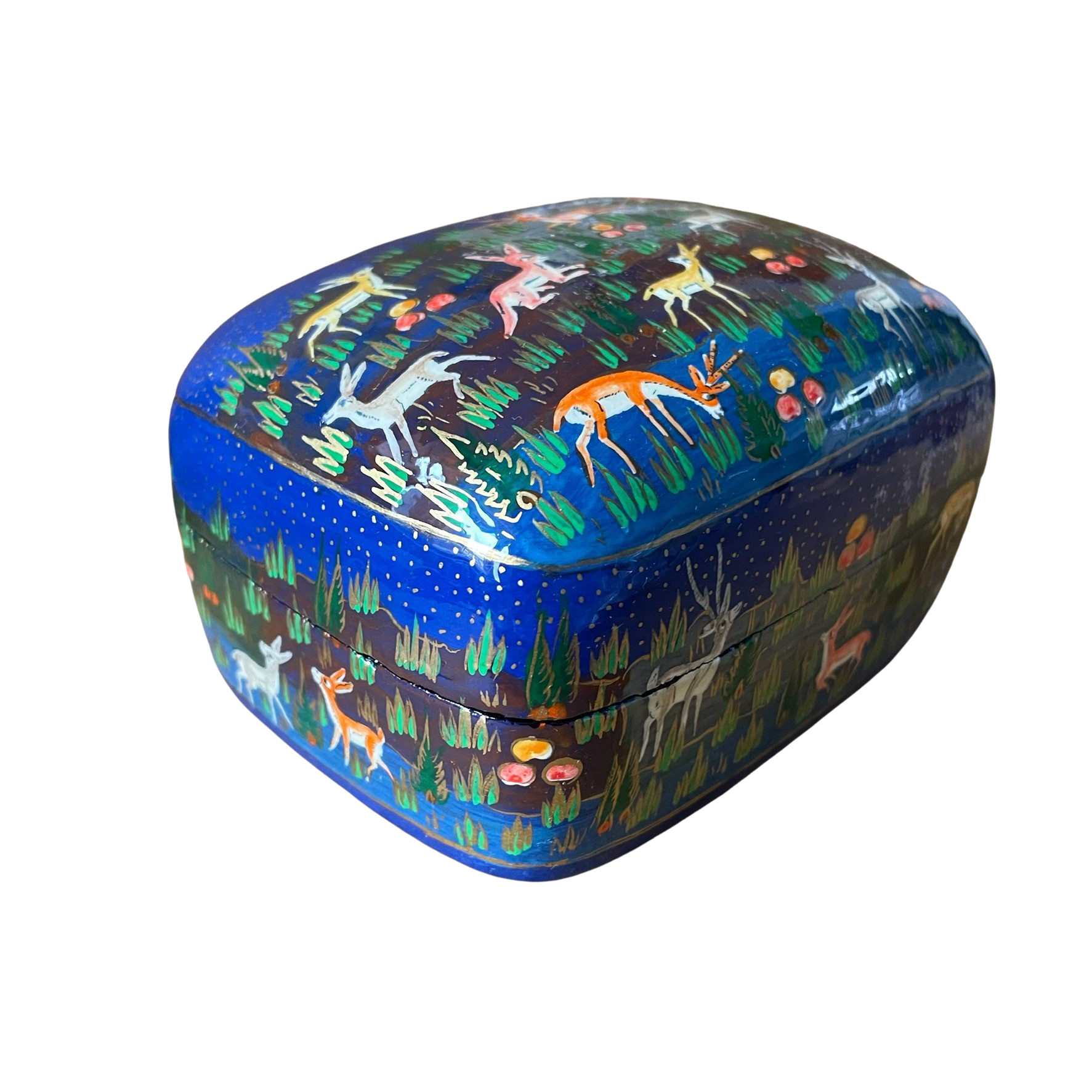 Kashmiri hand-painted folk art papier maché lacquered trinket box with jungle animals design | blue - Moppet