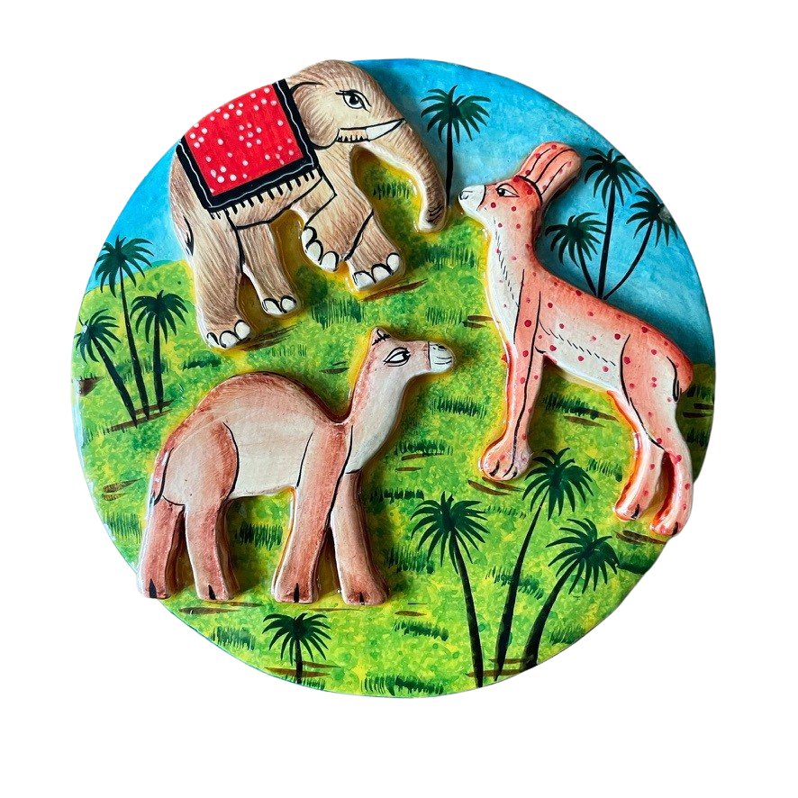 Kashmiri hand-painted folk art embossed papier maché lacquered trinket box with jungle animals design - Moppet