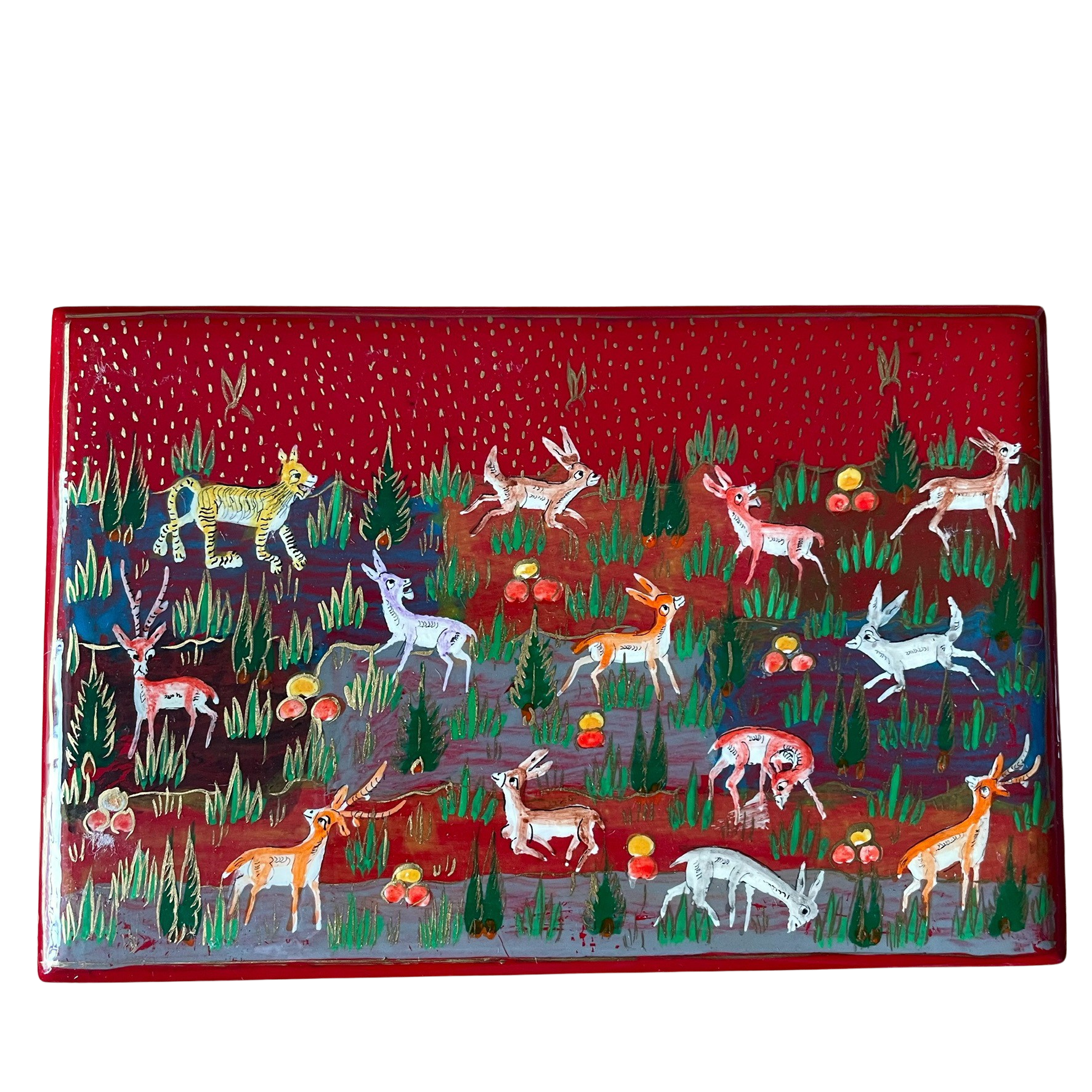 Kashmiri hand-painted folk art papier maché lacquered trinket box with jungle animals design | red - Moppet