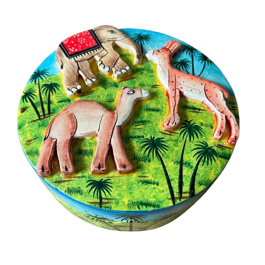 Kashmiri hand-painted folk art embossed papier maché lacquered trinket box with jungle animals design - Moppet