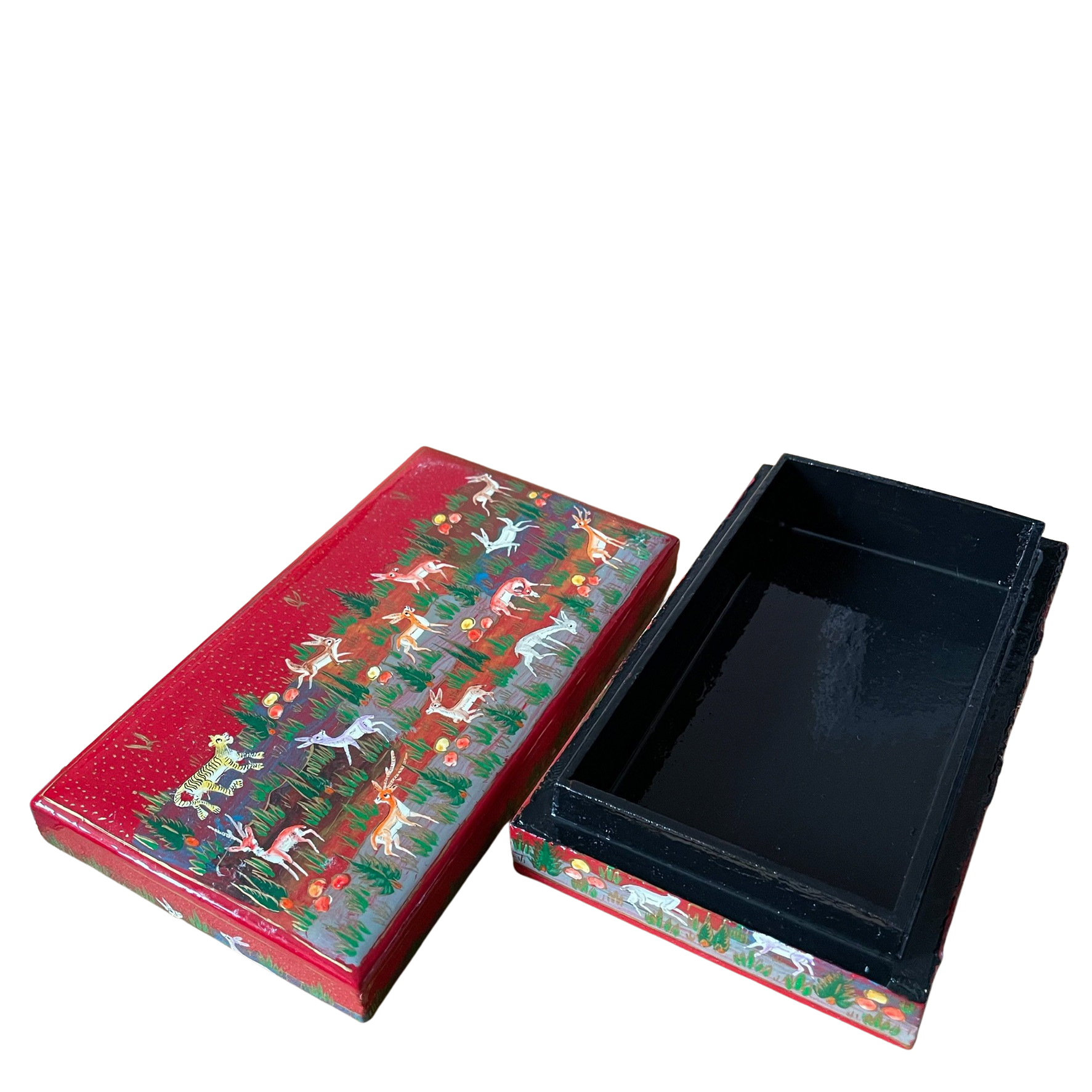 Kashmiri hand-painted folk art papier maché lacquered trinket box with jungle animals design | red - Moppet