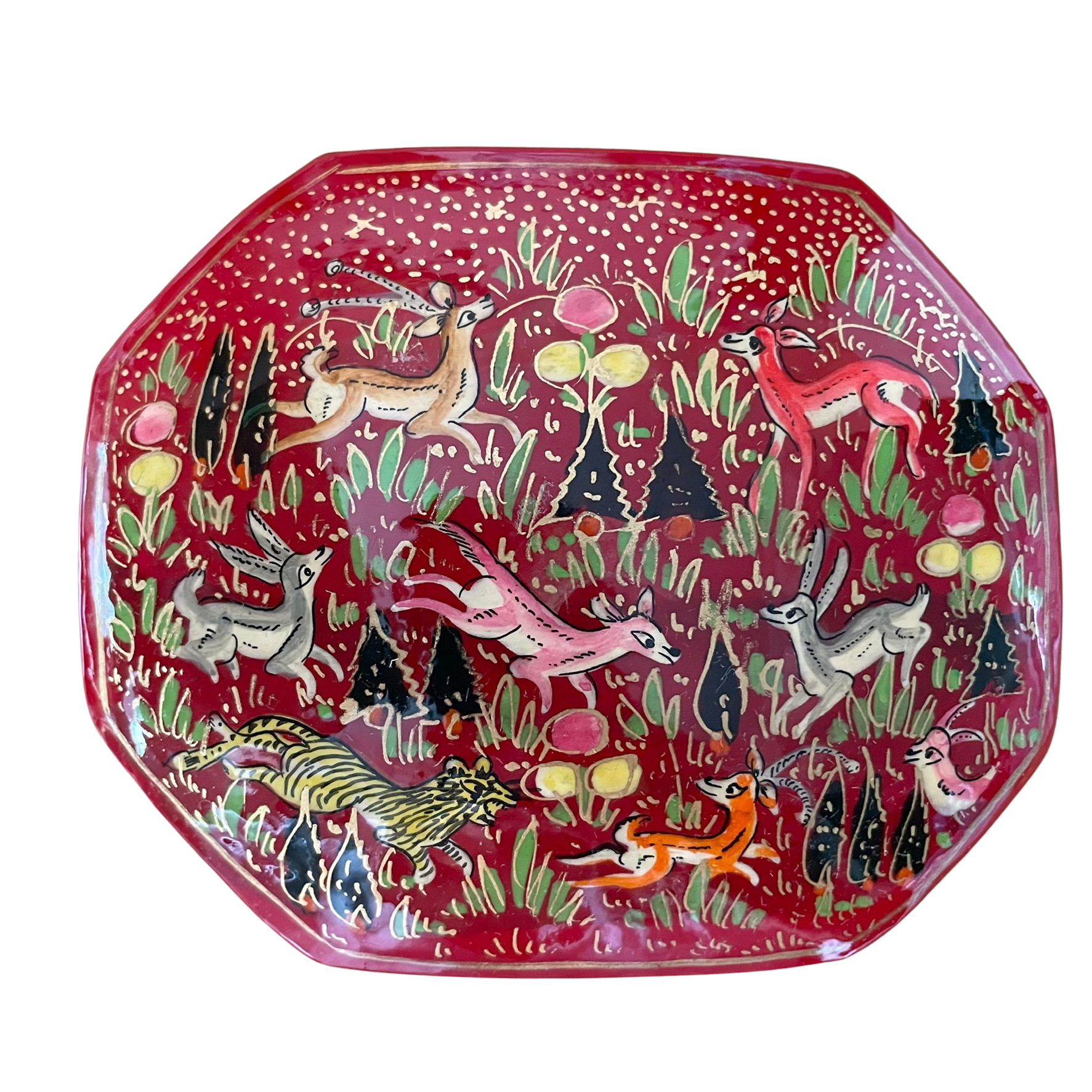 Kashmiri hand-painted folk art hexagonal papier-mâché lacquered trinket box with jungle animals design - Moppet