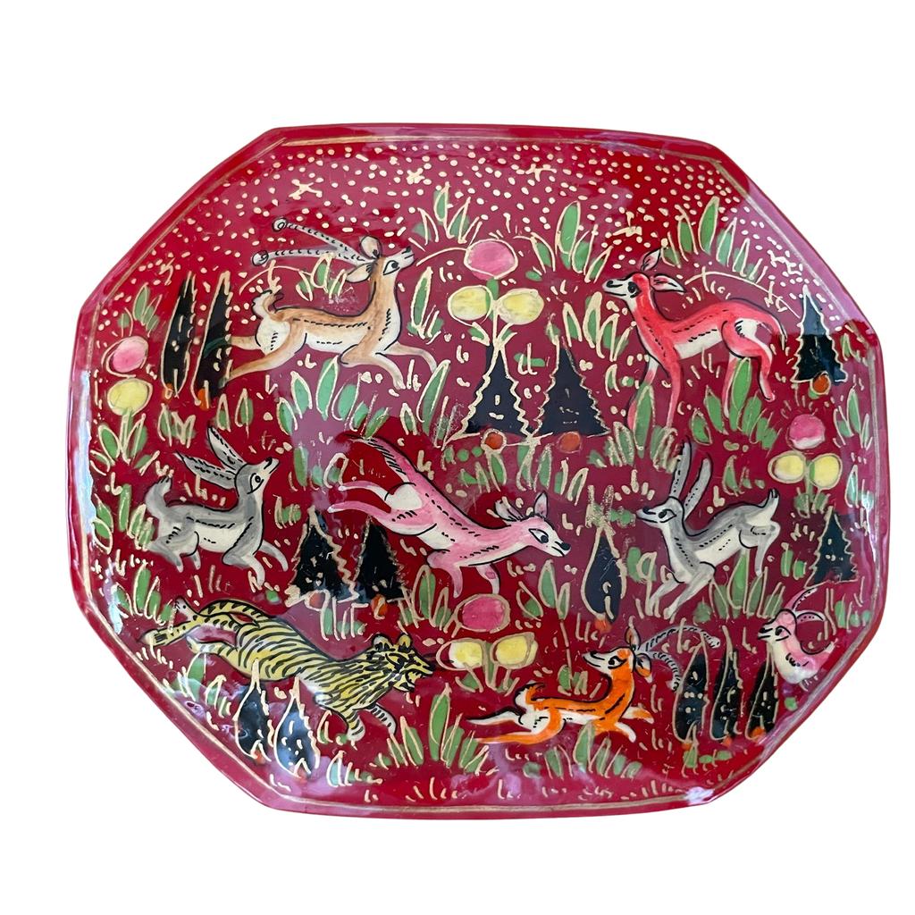 Kashmiri hand-painted folk art hexagonal papier-mâché lacquered trinket box with jungle animals design - Moppet