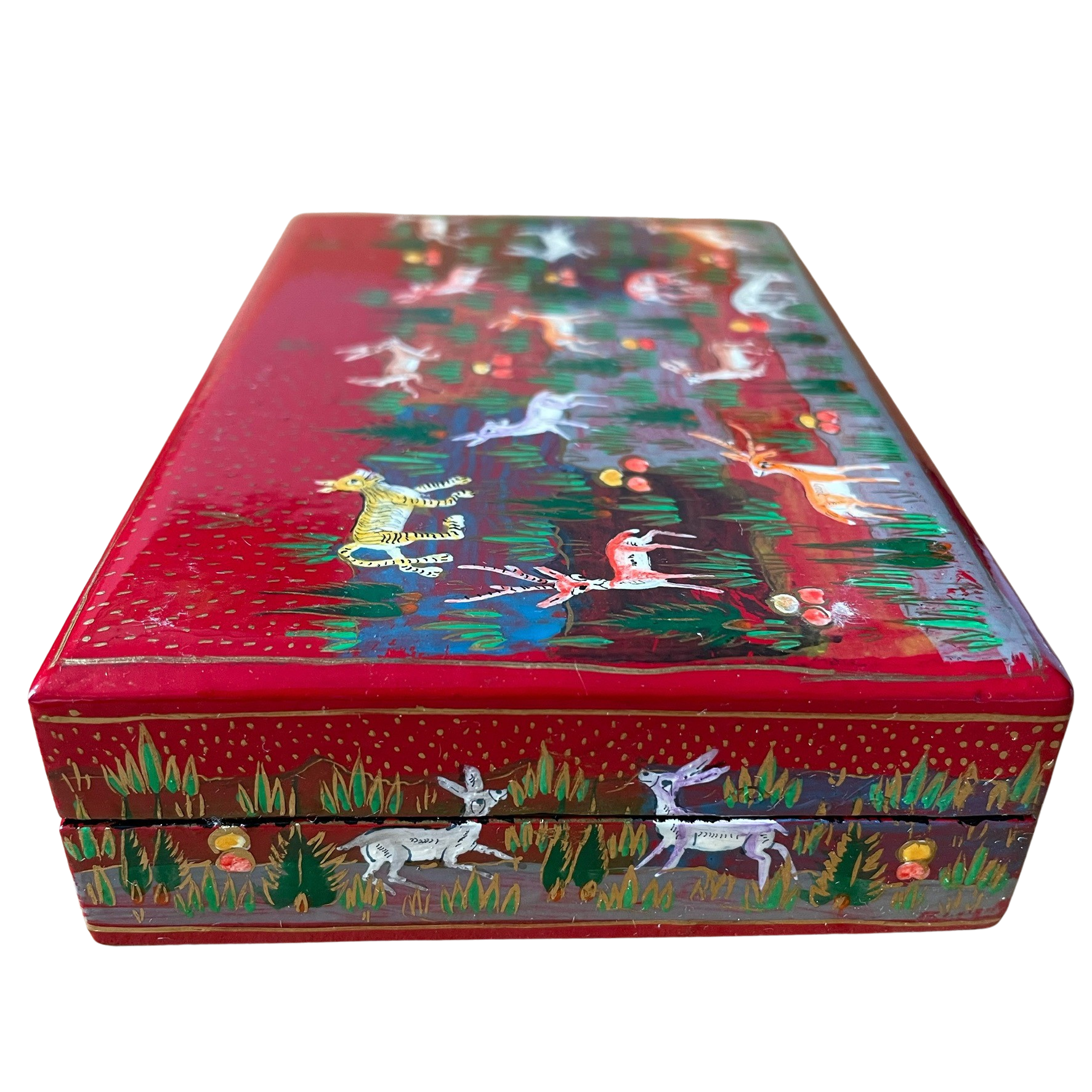 Kashmiri hand-painted folk art papier maché lacquered trinket box with jungle animals design | red - Moppet