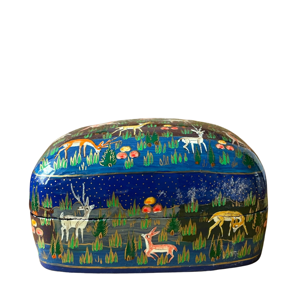 Kashmiri hand-painted folk art papier maché lacquered trinket box with jungle animals design | blue - Moppet