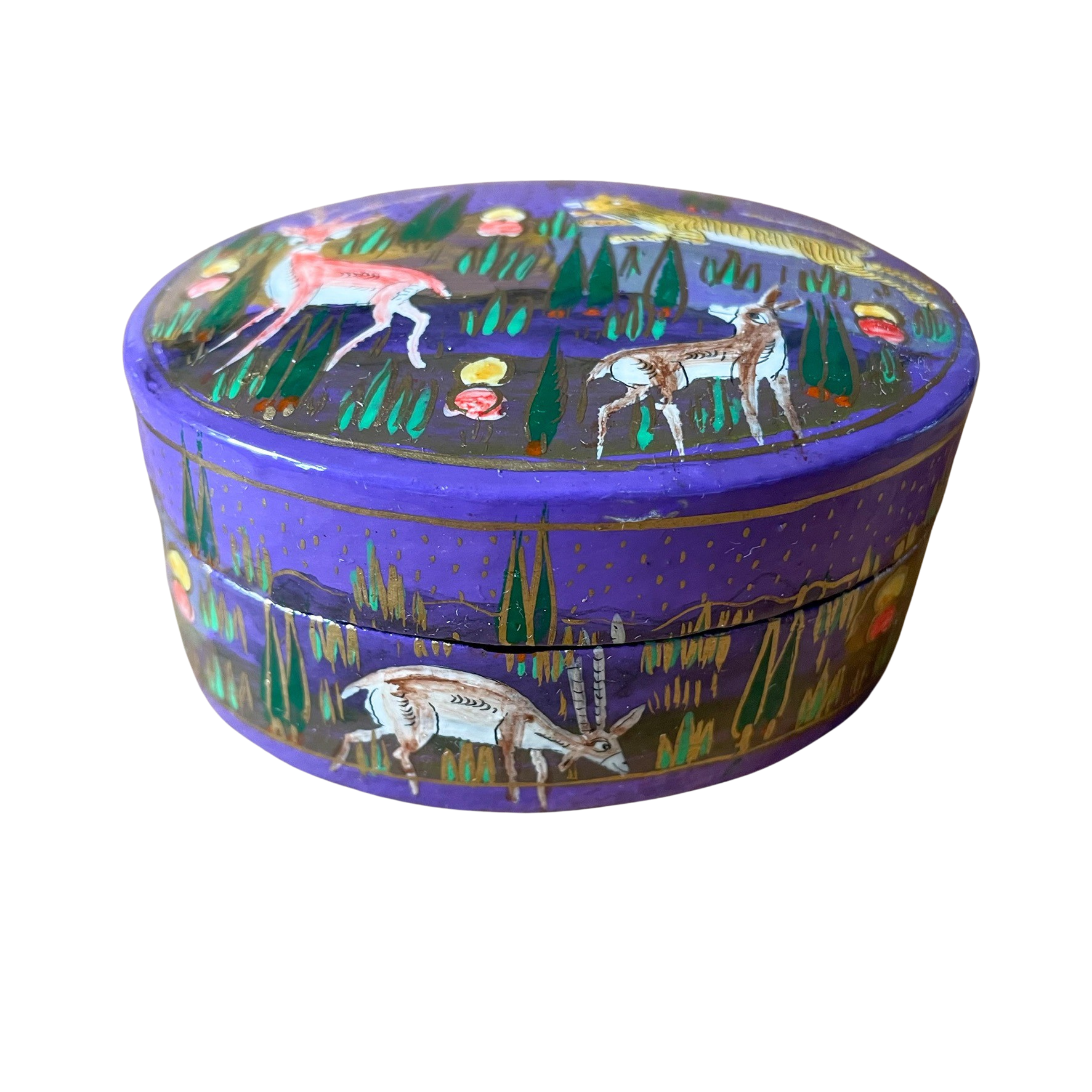 Kashmiri hand-painted folk art papier maché lacquered trinket box or pin box with jungle animals design - Moppet