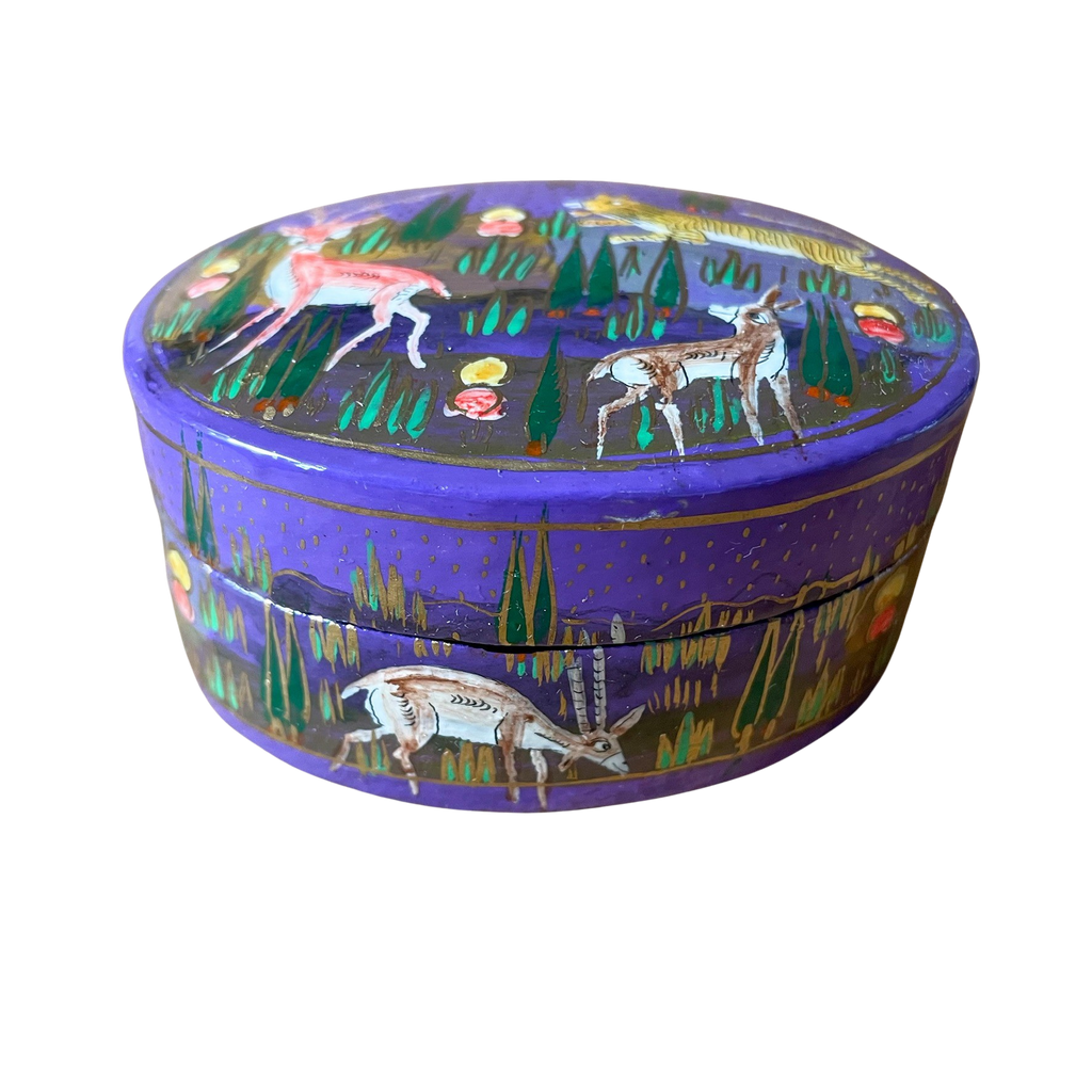 Kashmiri hand-painted folk art papier maché lacquered trinket box or pin box with jungle animals design - Moppet