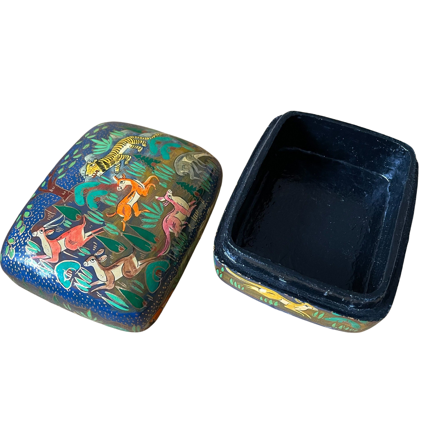 Kashmiri hand-painted folk art papier maché lacquered trinket box with jungle animals design | large animals - Moppet