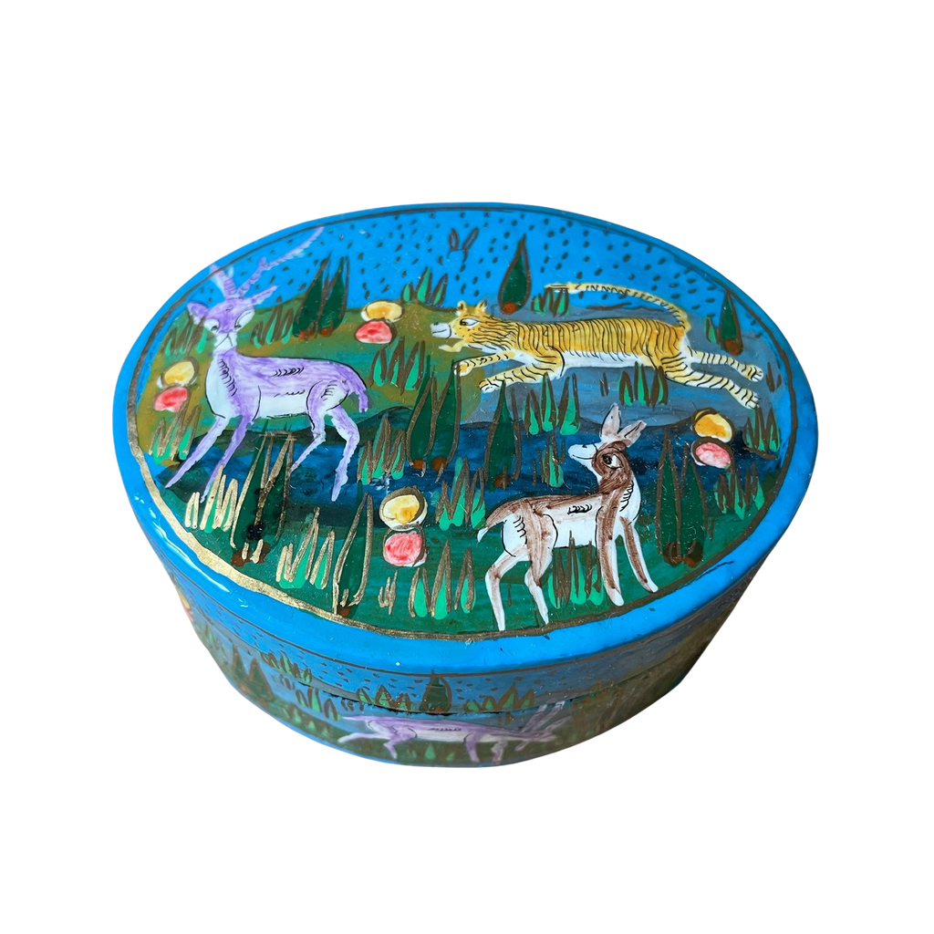 Kashmiri hand-painted folk art papier maché lacquered trinket box or pin box with jungle animals design - Moppet