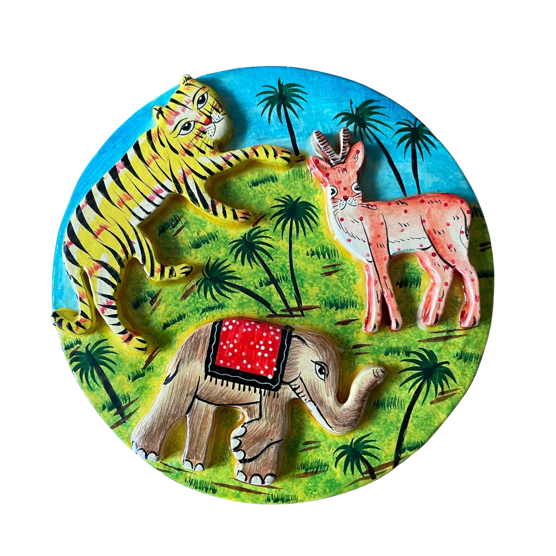 Kashmiri hand-painted folk art embossed papier maché lacquered trinket box with jungle animals design - Moppet
