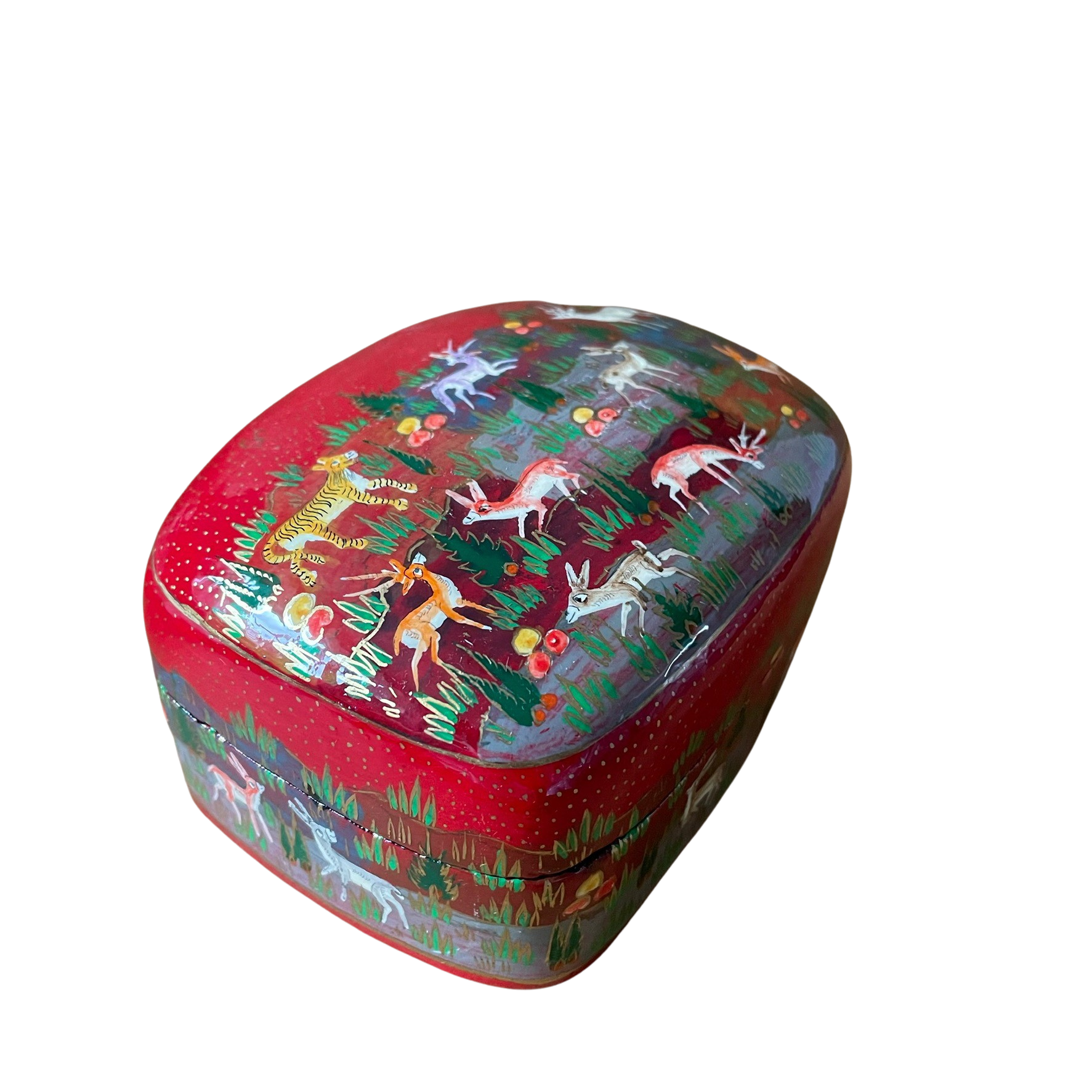 Kashmiri hand-painted folk art papier maché lacquered trinket box with jungle animals design | red - Moppet