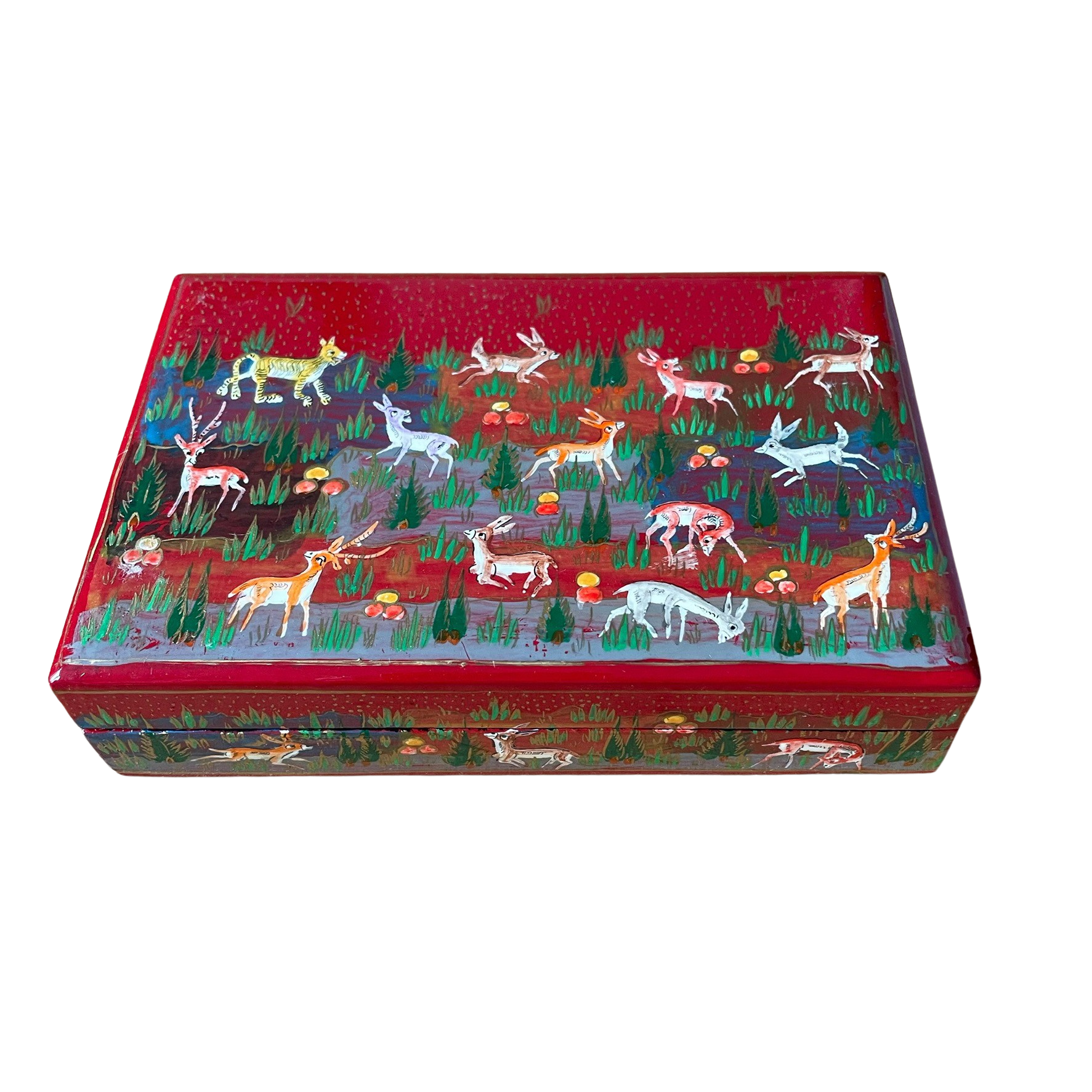Kashmiri hand-painted folk art papier maché lacquered trinket box with jungle animals design | red - Moppet