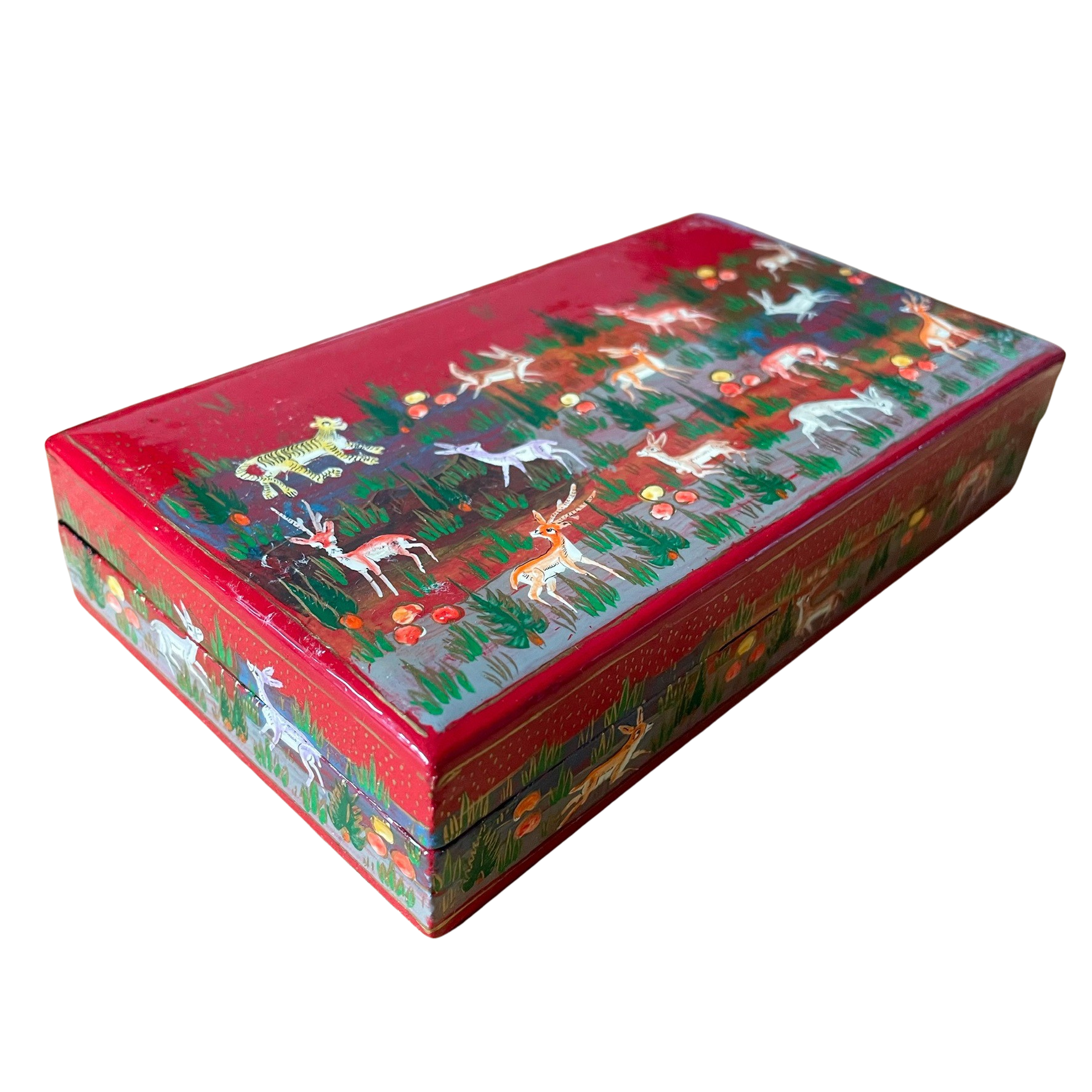 Kashmiri hand-painted folk art papier maché lacquered trinket box with jungle animals design | red - Moppet