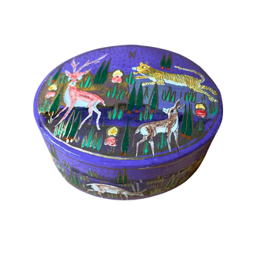 Kashmiri hand-painted folk art papier maché lacquered trinket box or pin box with jungle animals design - Moppet