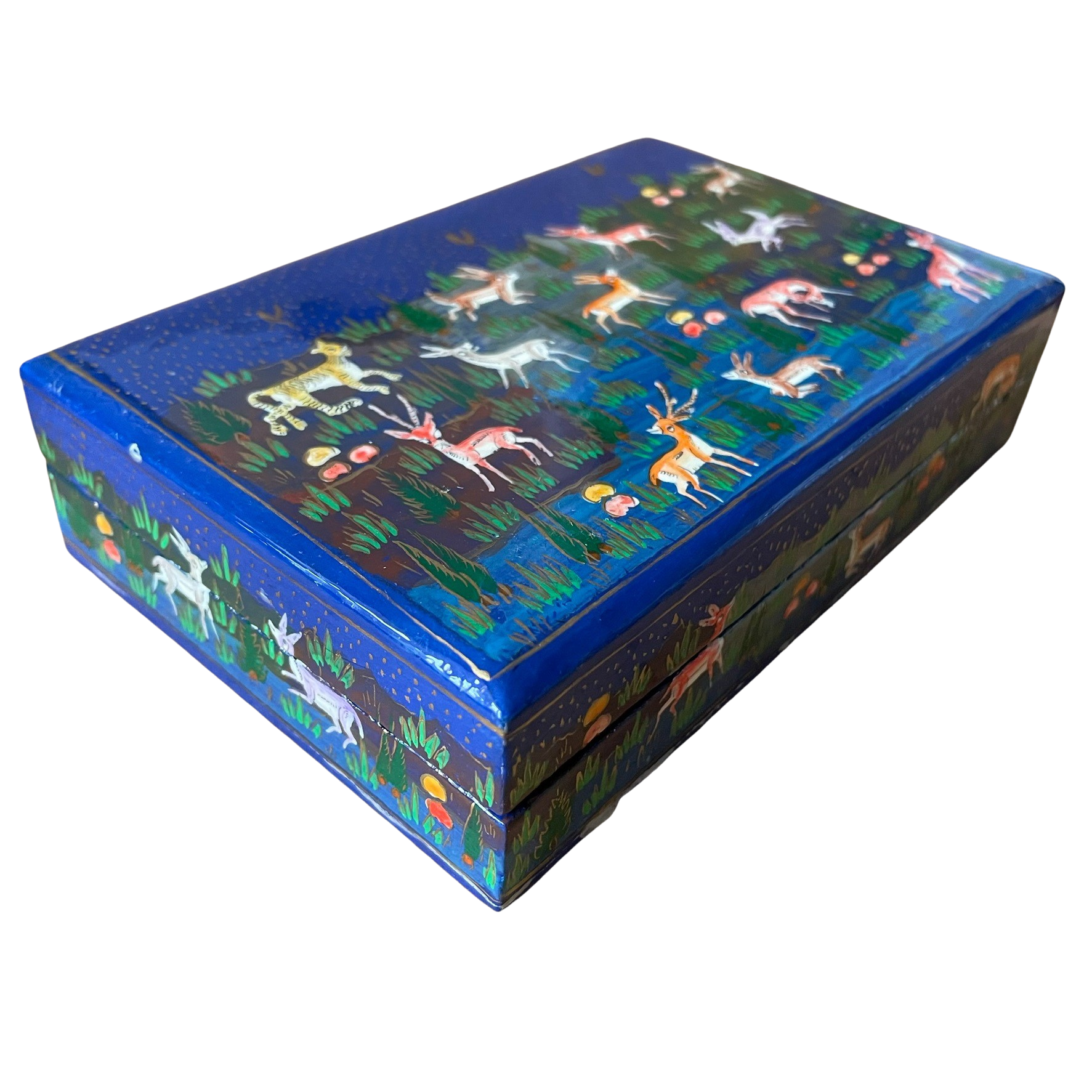 Kashmiri hand-painted folk art papier maché lacquered trinket box with jungle animals design | blue - Moppet
