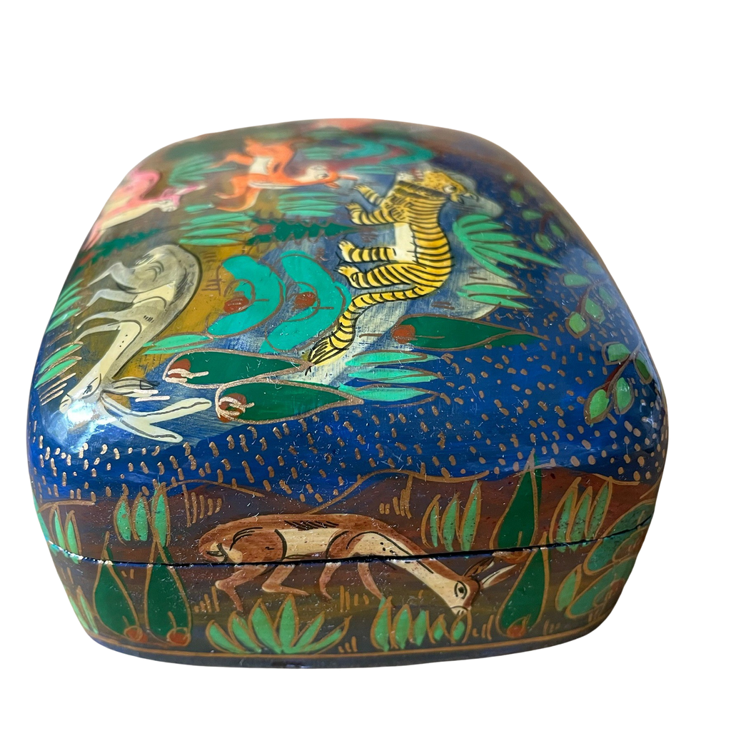 Kashmiri hand-painted folk art papier maché lacquered trinket box with jungle animals design | large animals - Moppet