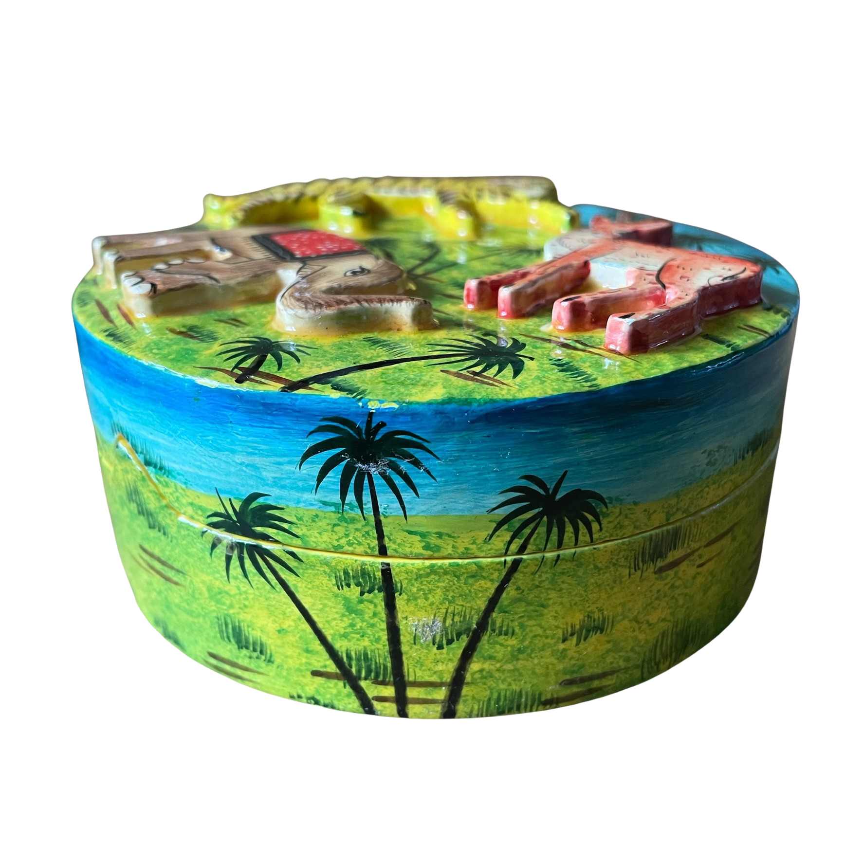 Kashmiri hand-painted folk art embossed papier maché lacquered trinket box with jungle animals design - Moppet