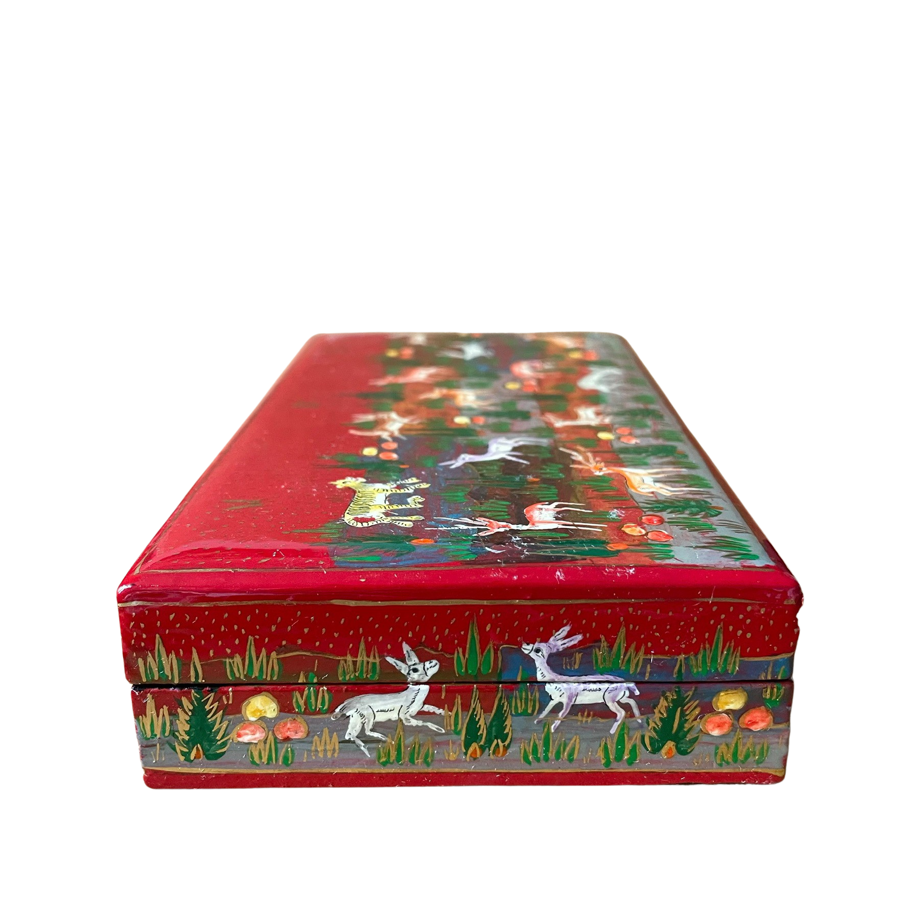 Kashmiri hand-painted folk art papier maché lacquered trinket box with jungle animals design | red - Moppet