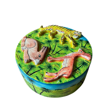 Load image into Gallery viewer, Kashmiri hand-painted folk art embossed papier maché lacquered trinket box with jungle animals design - Moppet
