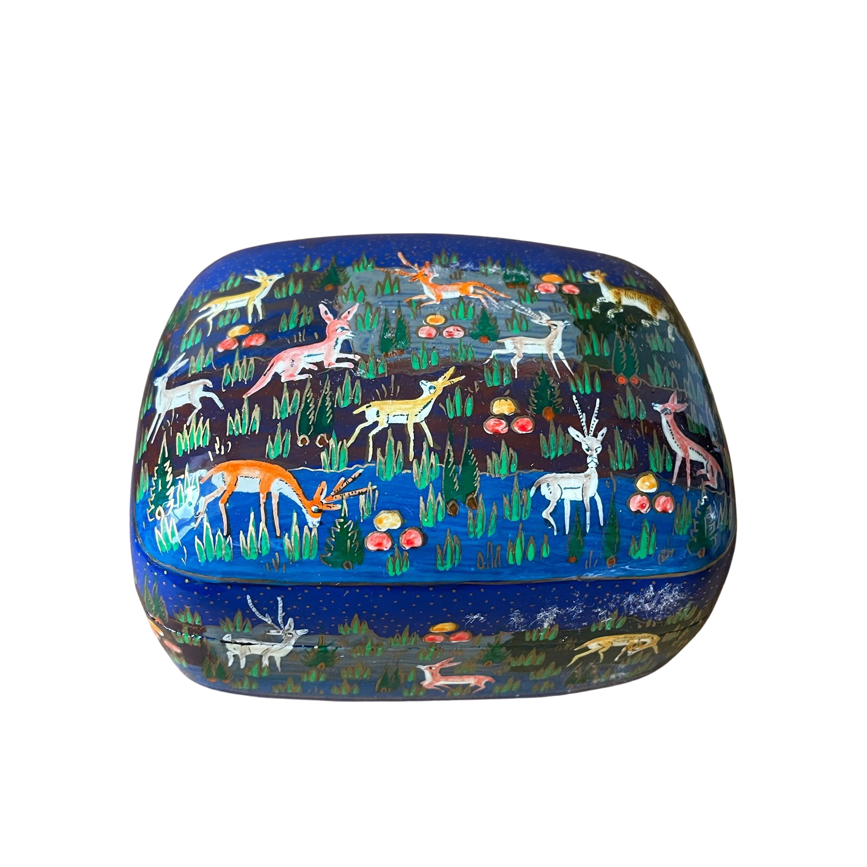 Kashmiri hand-painted folk art papier maché lacquered trinket box with jungle animals design | blue - Moppet