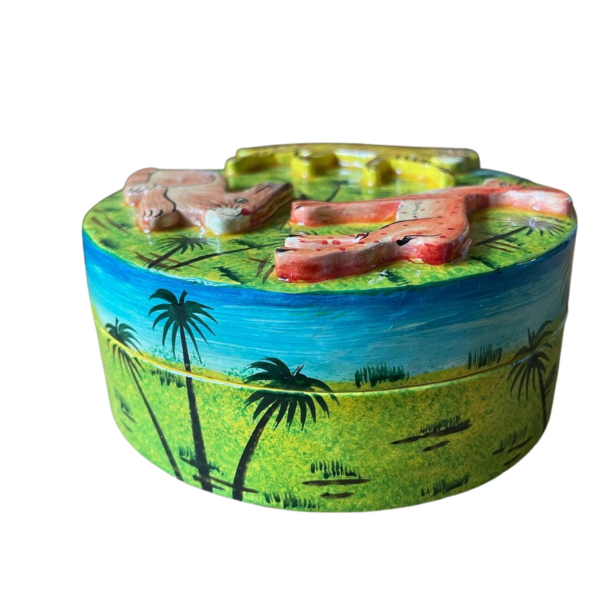 Kashmiri hand-painted folk art embossed papier maché lacquered trinket box with jungle animals design - Moppet