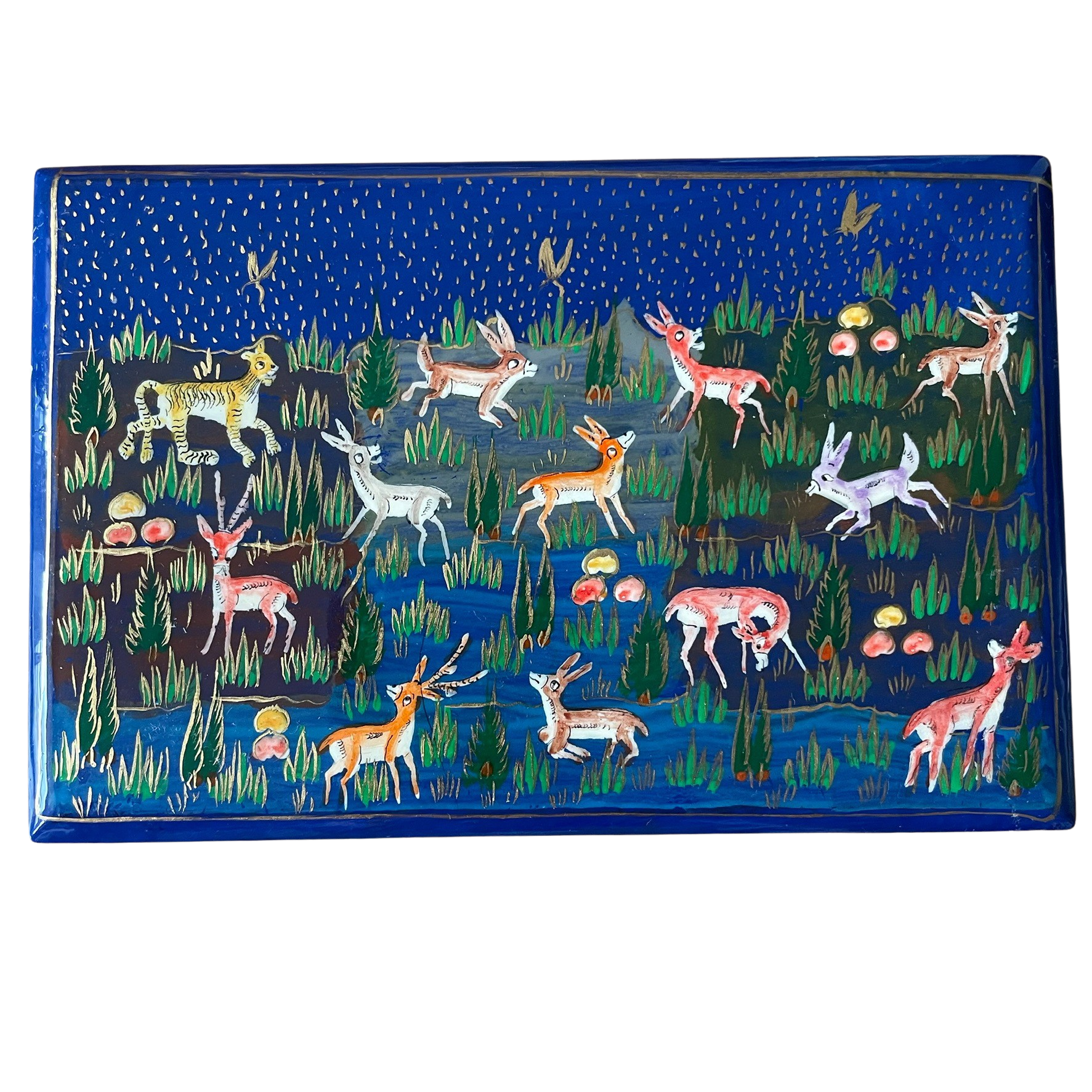 Kashmiri hand-painted folk art papier maché lacquered trinket box with jungle animals design | blue - Moppet