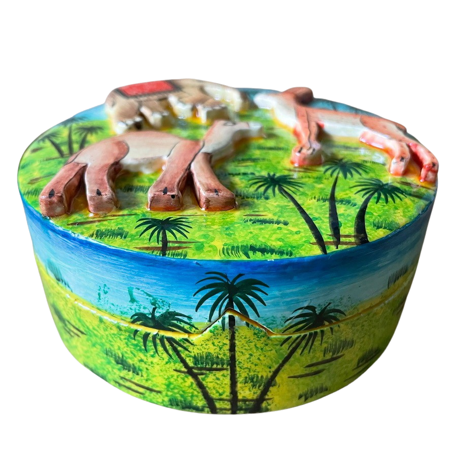 Kashmiri hand-painted folk art embossed papier maché lacquered trinket box with jungle animals design - Moppet