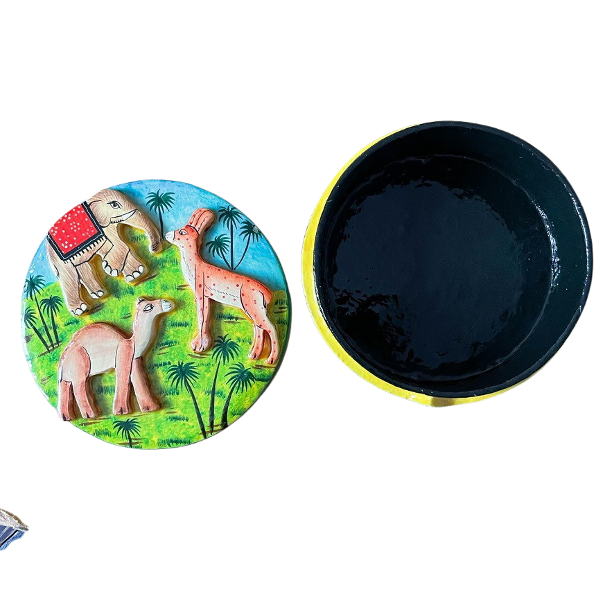 Kashmiri hand-painted folk art embossed papier maché lacquered trinket box with jungle animals design - Moppet