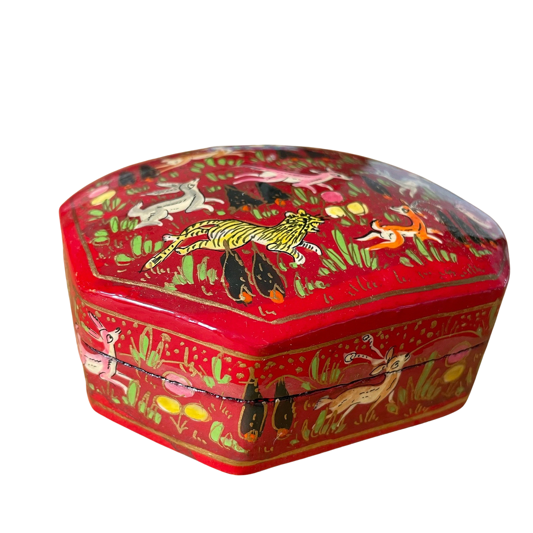 Kashmiri hand-painted folk art hexagonal papier-mâché lacquered trinket box with jungle animals design - Moppet