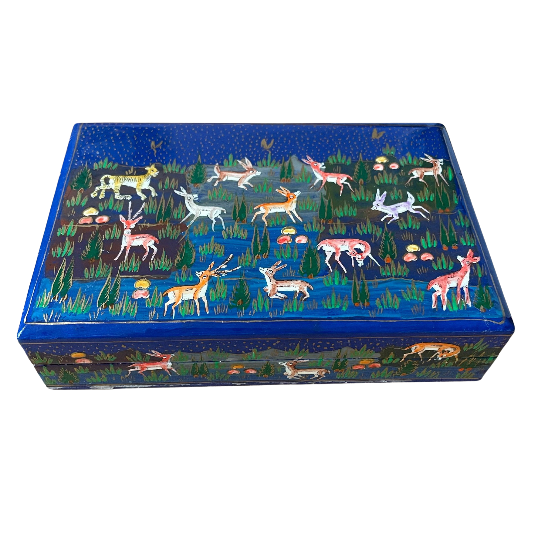 Kashmiri hand-painted folk art papier maché lacquered trinket box with jungle animals design | blue - Moppet
