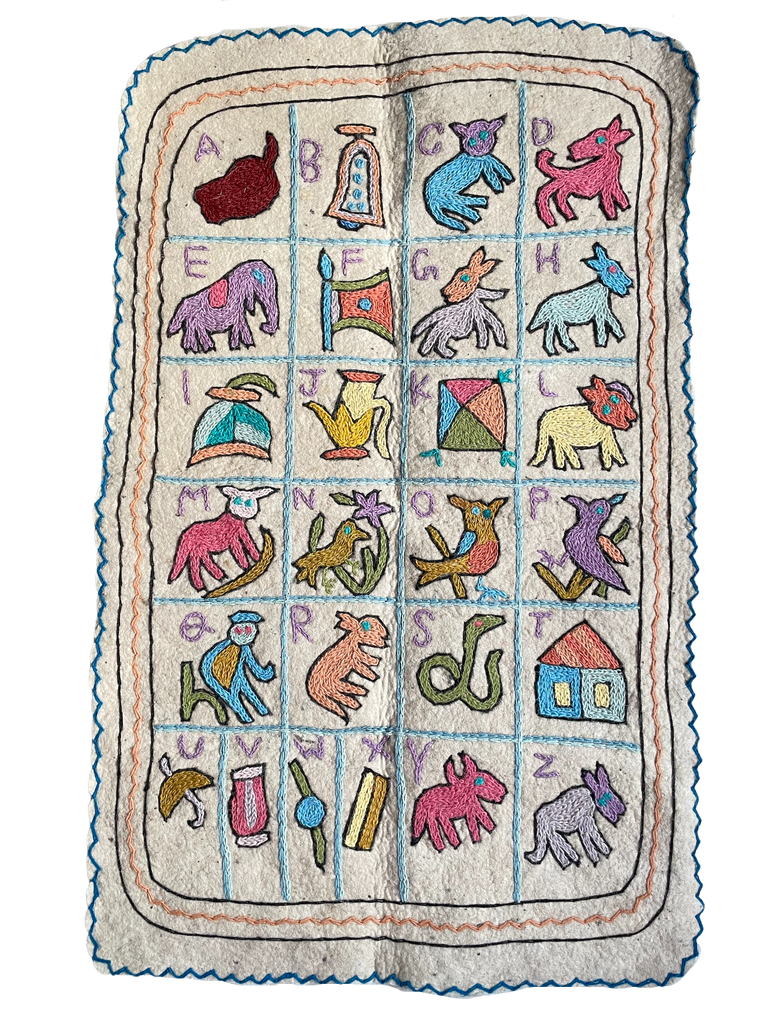 Folk art alphabet hand-embroidered wall hanging | felt ‘namda’ ABC rug | MEDIUM | design 009 - Moppet