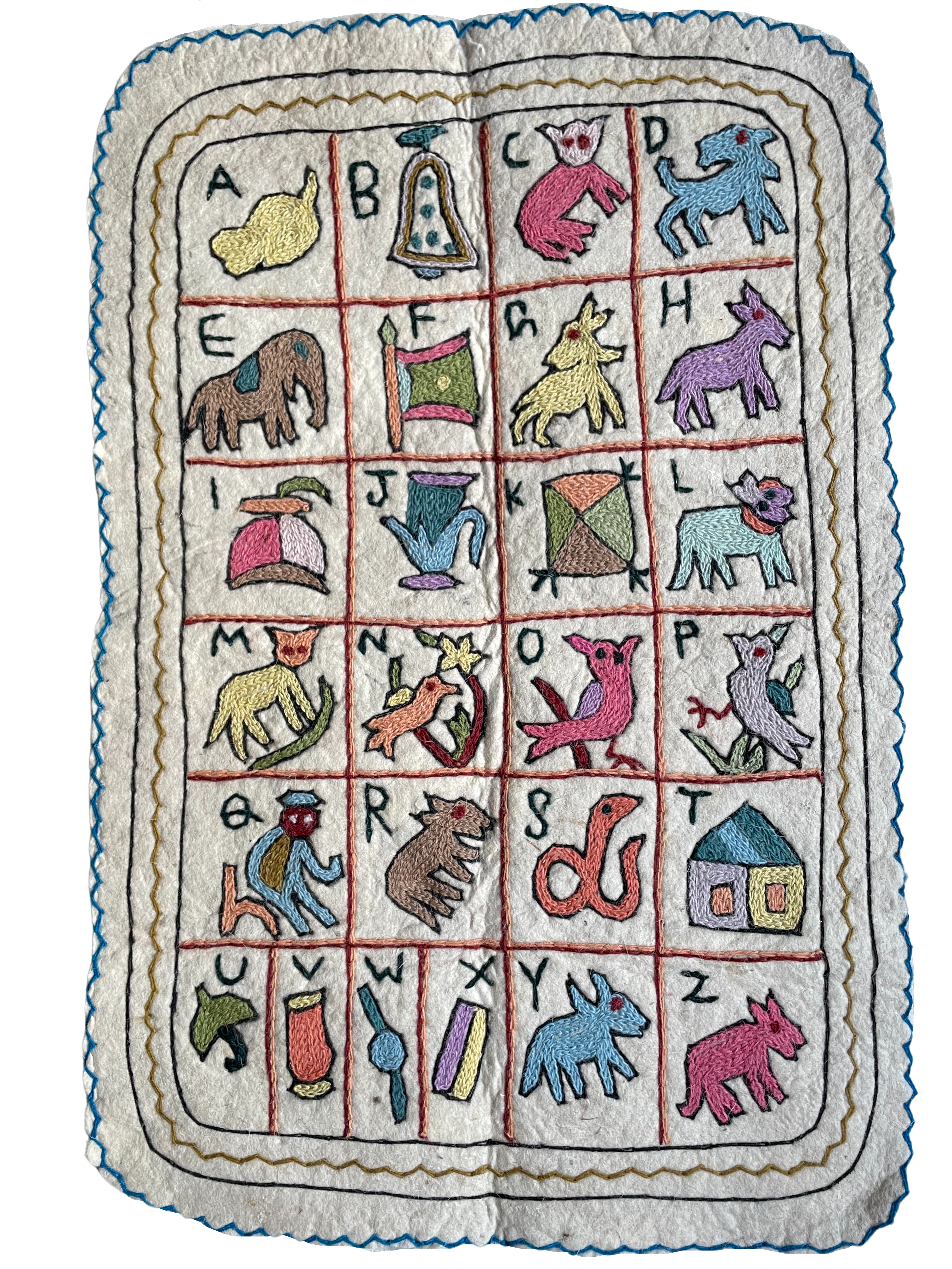 Folk art alphabet hand-embroidered wall hanging | felt ‘namda’ ABC rug | MEDIUM | design 012 - Moppet