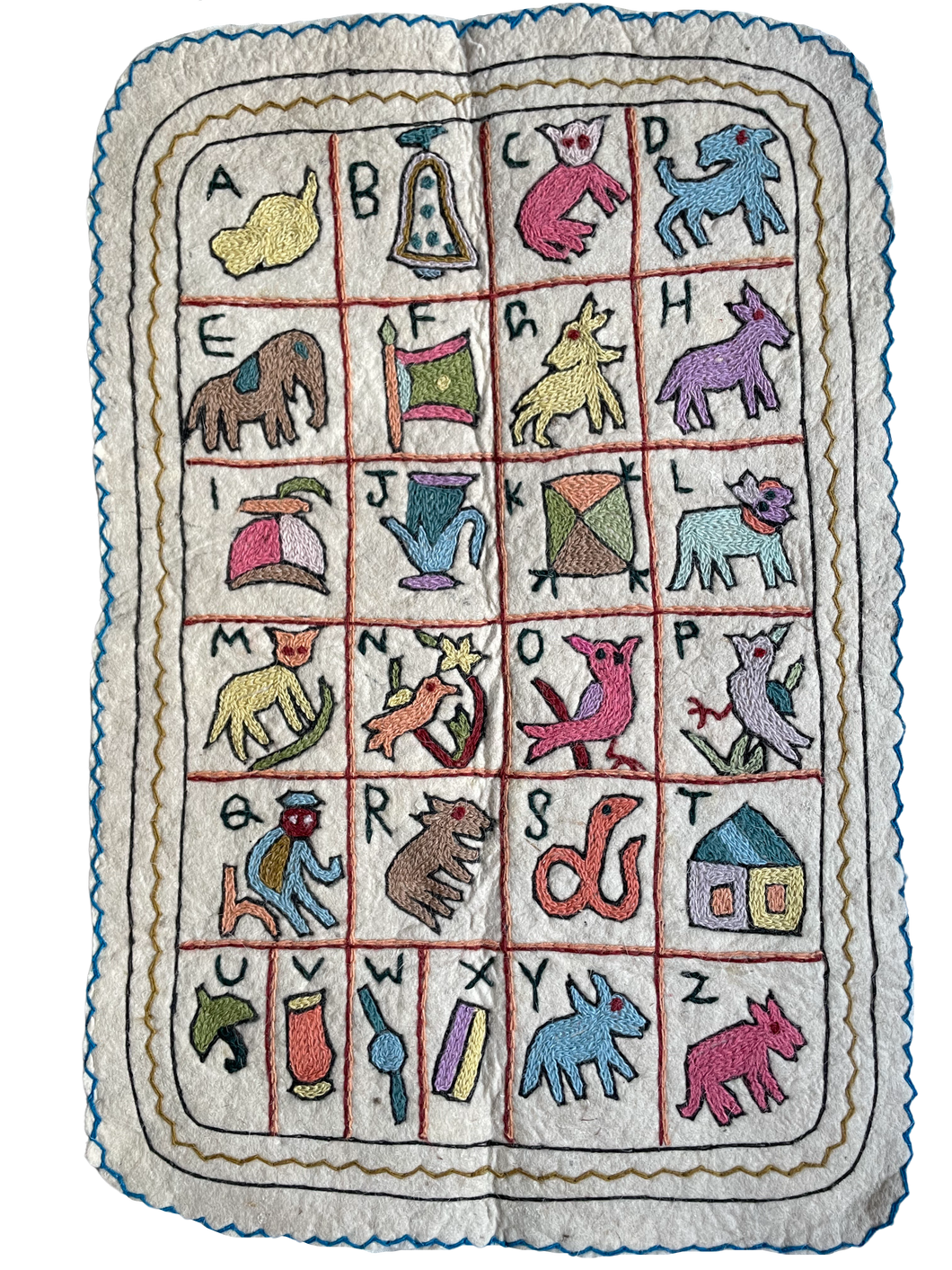 Folk art alphabet hand-embroidered wall hanging | felt ‘namda’ ABC rug | MEDIUM | design 012 - Moppet