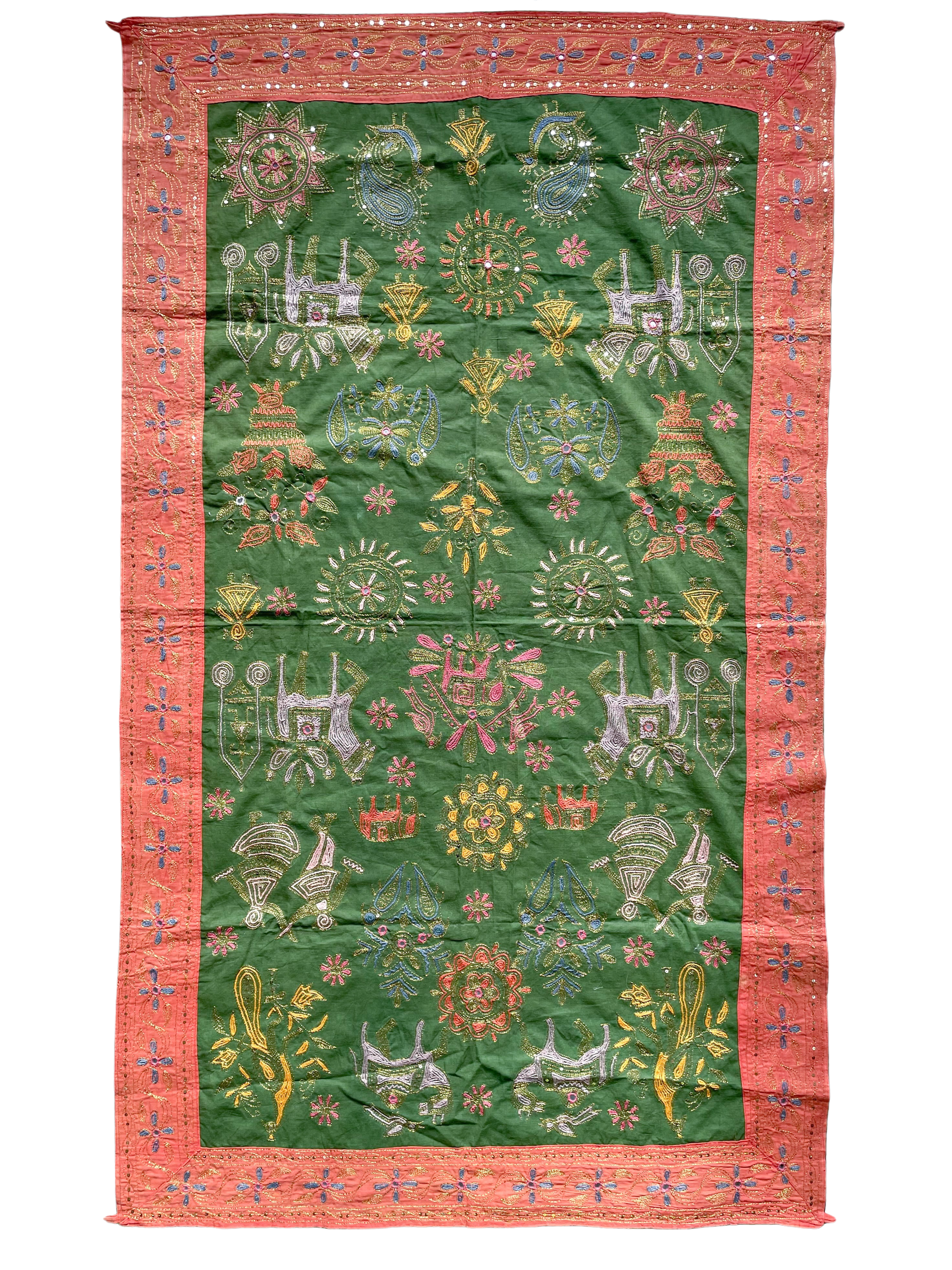 Vintage handmade Indian folk art embroidered cotton wall hanging or throw - Moppet