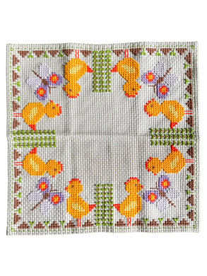 Vintage midcentury hand-embroidered Easter table cloth or runner featuring chicks.chickens and butterflies in yellow, green and lilac - Moppet