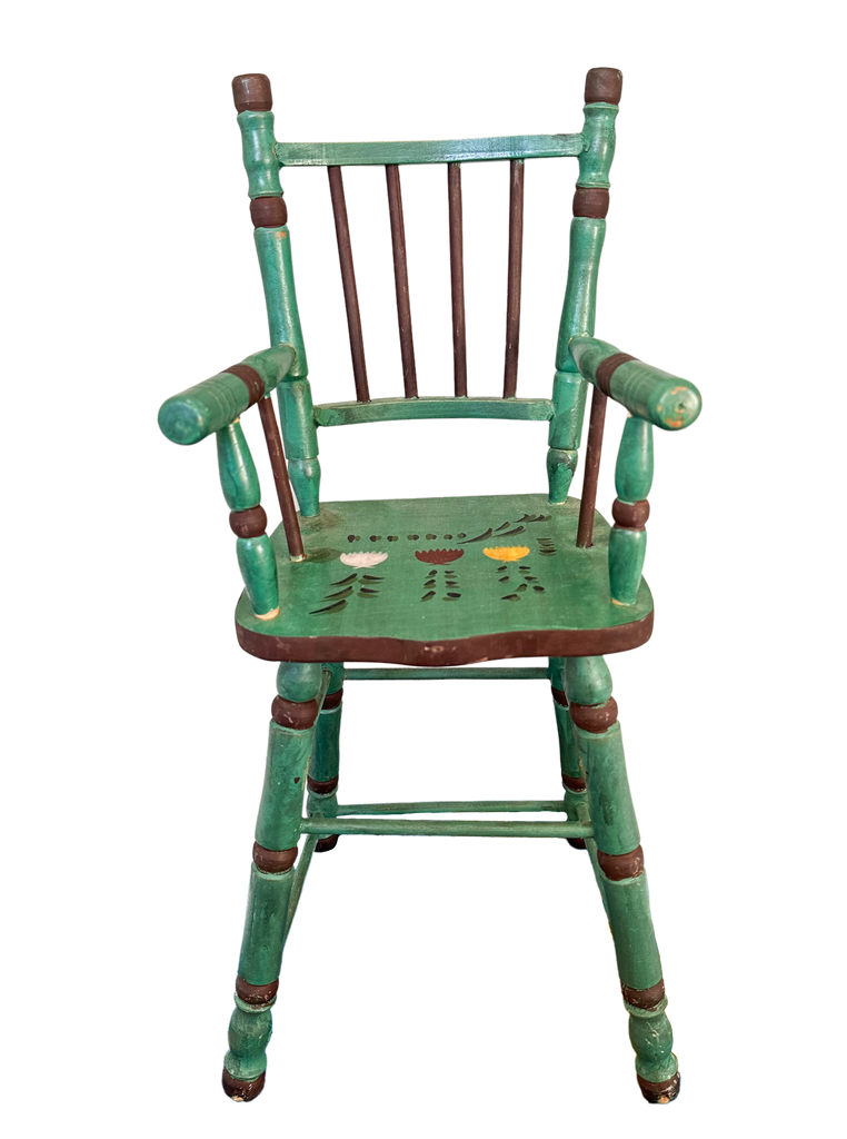 Vintage wooden folk art hand-painted doll’s highchair with floral tulip design - Moppet