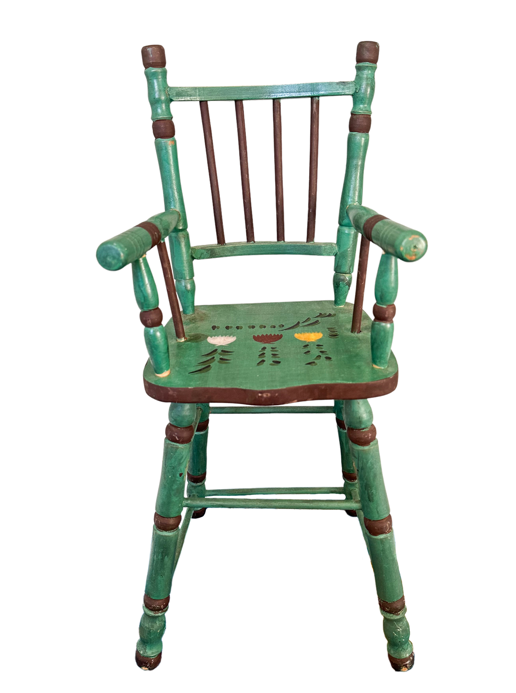 Vintage wooden folk art hand-painted doll’s highchair with floral tulip design - Moppet