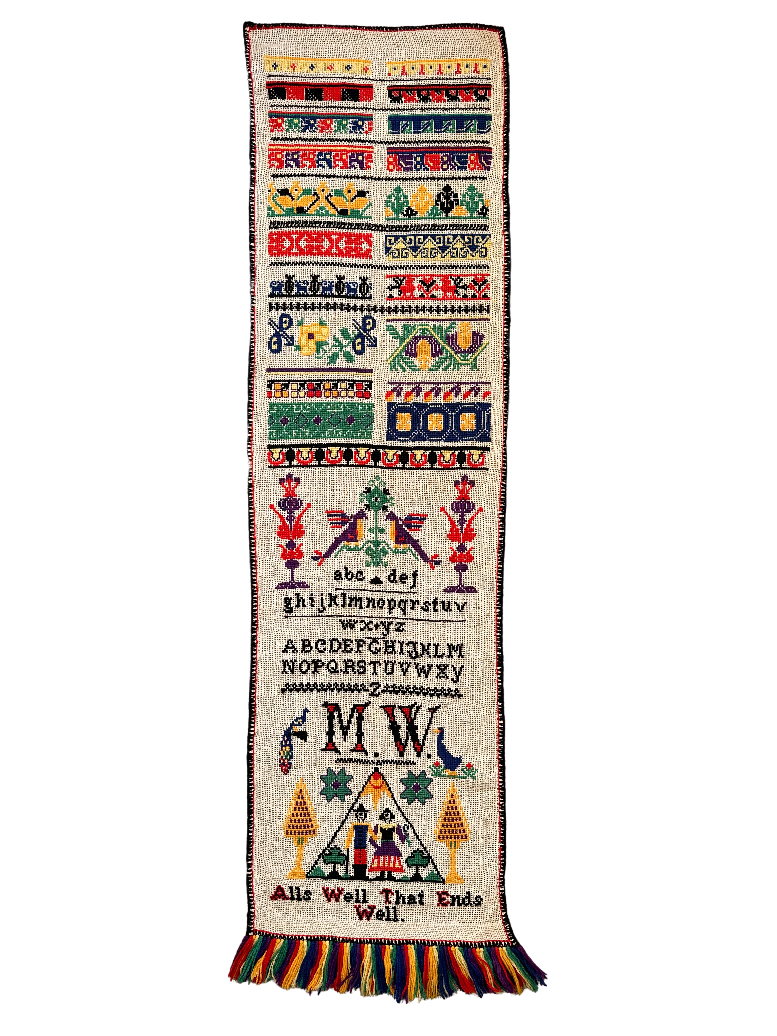 Vintage hand-woven and embroidered alphabet wall-hanging tapestry in rainbow colours - Moppet