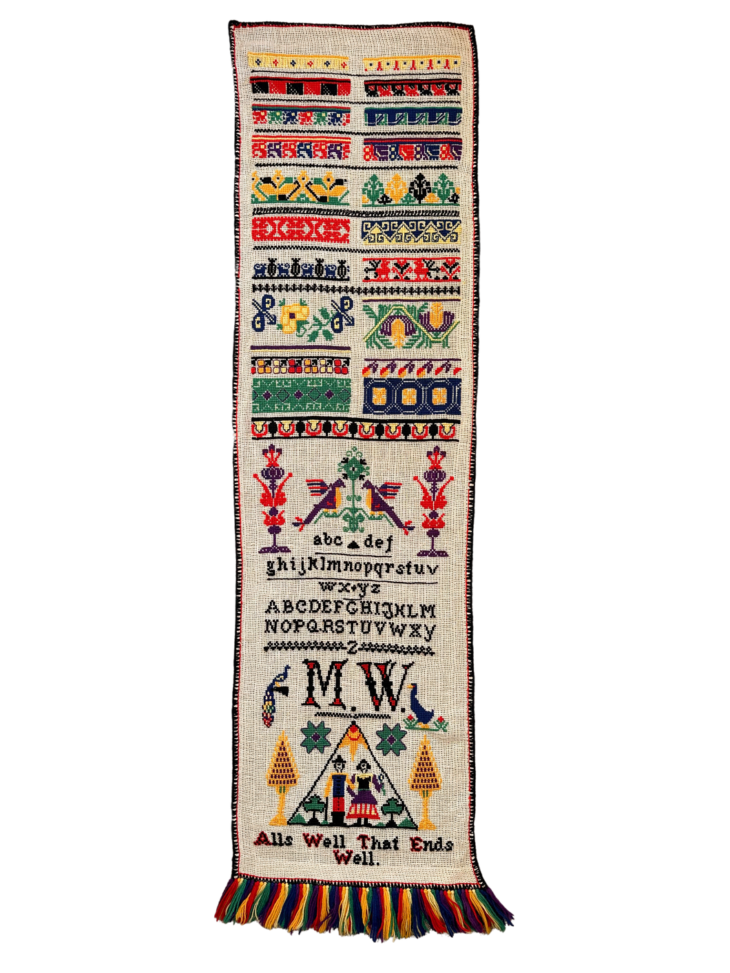 Vintage hand-woven and embroidered alphabet wall-hanging tapestry in rainbow colours - Moppet